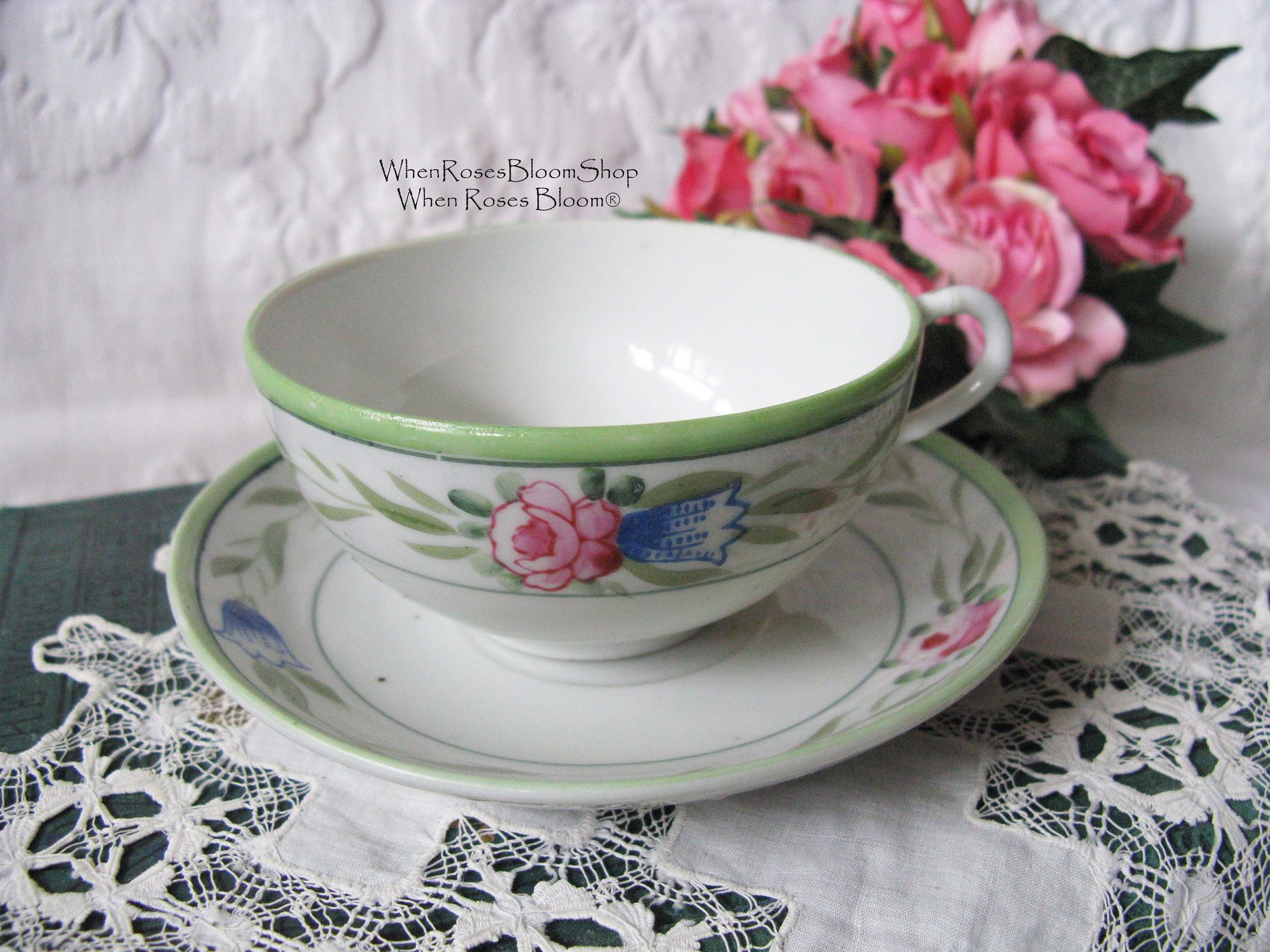 4 Tea Cups Pink Roses with Green leaves Set 4 Vintage Made in Japan Tea Time Gift Mid Century Farmhouse Cottage Shabby Chic WhenRosesBloom