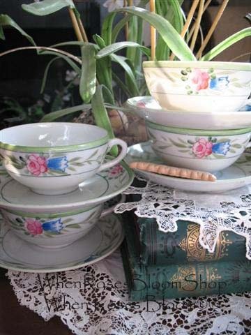 4 Tea Cups Pink Roses with Green leaves Set 4 Vintage Made in Japan Tea Time Gift Mid Century Farmhouse Cottage Shabby Chic WhenRosesBloom