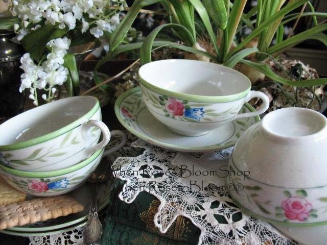 4 Tea Cups Pink Roses with Green leaves Set 4 Vintage Made in Japan Tea Time Gift Mid Century Farmhouse Cottage Shabby Chic WhenRosesBloom