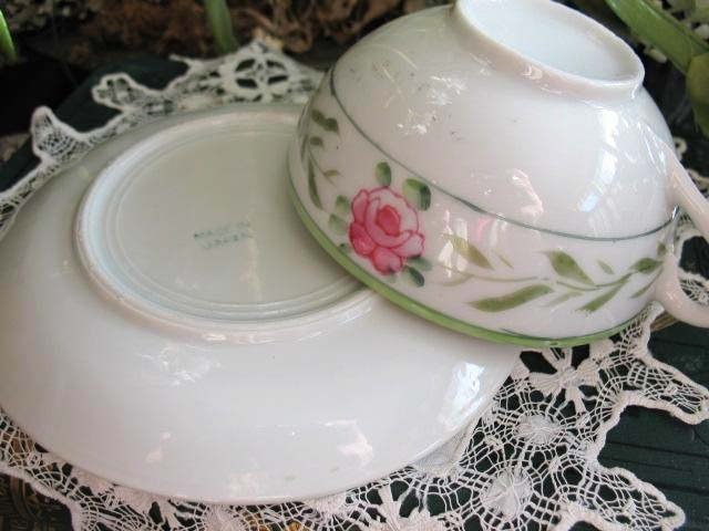 4 Tea Cups Pink Roses with Green leaves Set 4 Vintage Made in Japan Tea Time Gift Mid Century Farmhouse Cottage Shabby Chic WhenRosesBloom