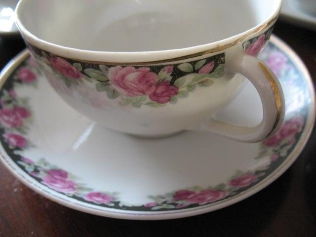 6 Tea Cups Pink Roses Black Chintz Look Set 6 Vintage Made in Japan Tea Time Gift Mid Century Farmhouse Cottage Shabby Chic WhenRosesBloom