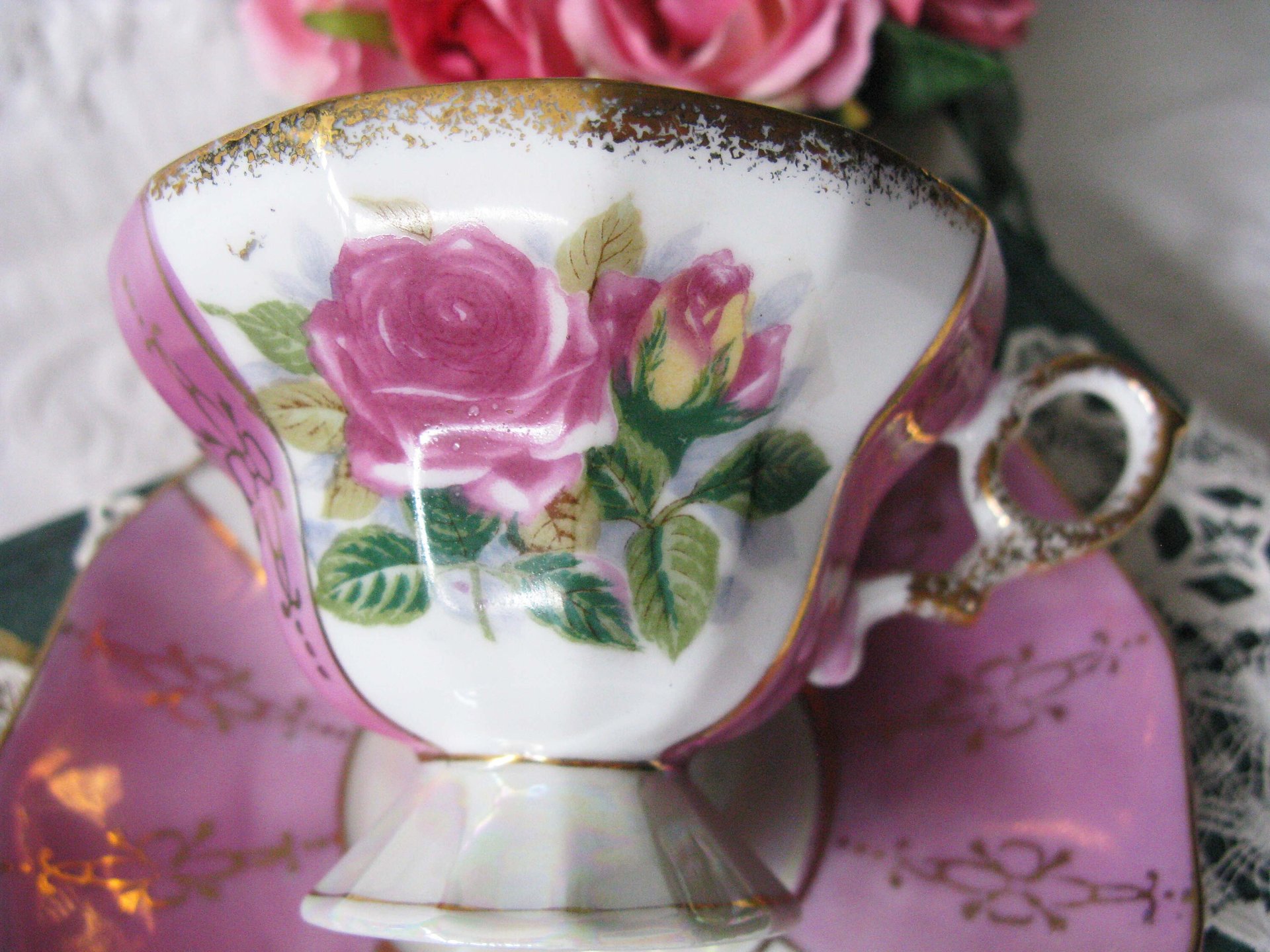 Tea Cup Pink Roses Footed Japan Vintage Downton Tea Time Gift Cottage Shabby Chic Mid Century Tea Style  WhenRosesBloom