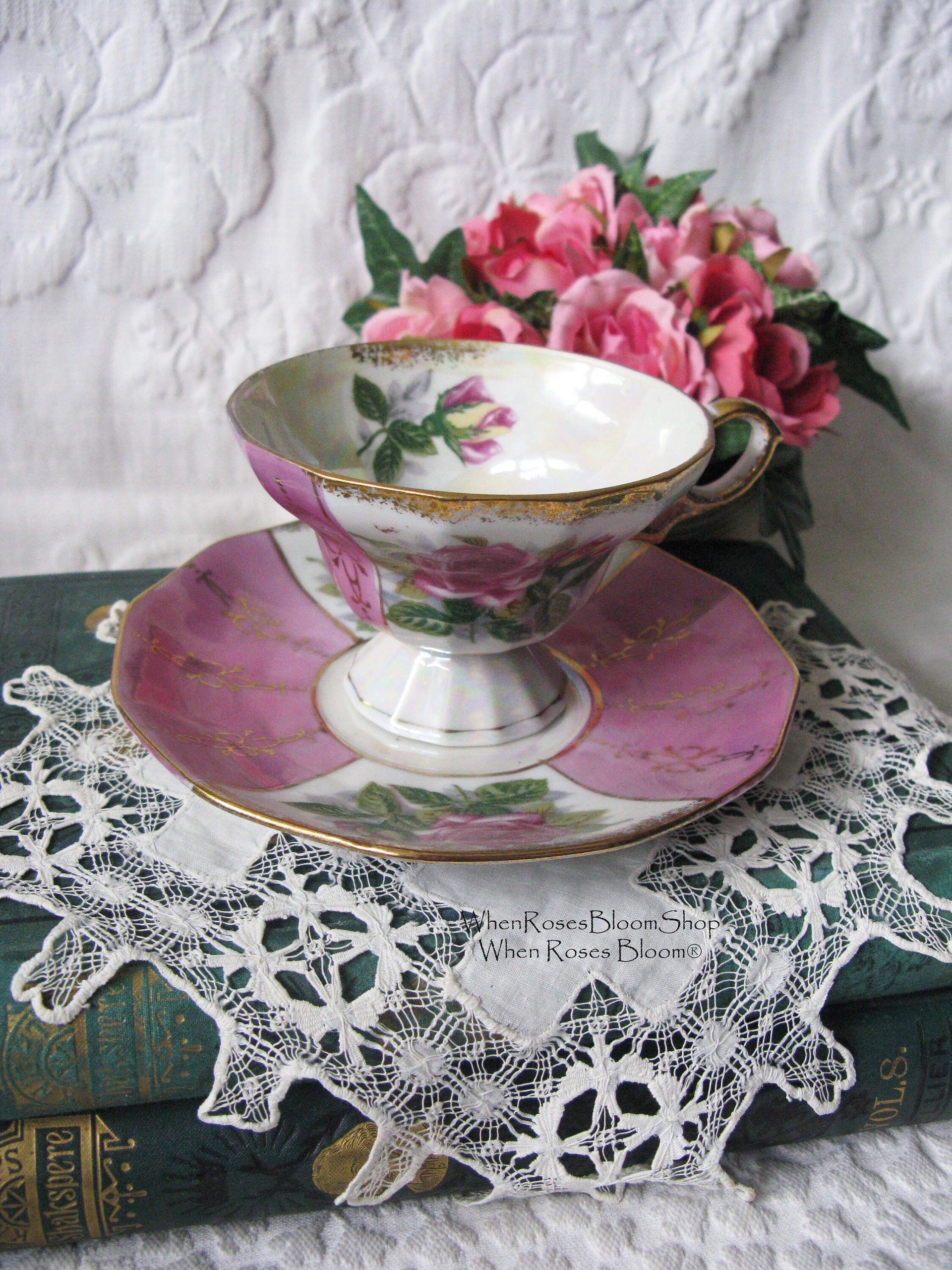 Tea Cup Pink Roses Footed Japan Vintage Downton Tea Time Gift Cottage Shabby Chic Mid Century Tea Style  WhenRosesBloom