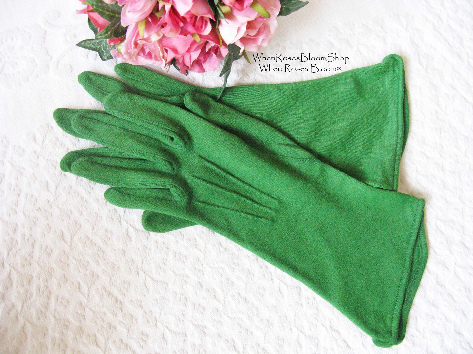 Vintage Green Matinee Gloves Tea Party Retro Mid Century Cosplay Wedding Bride Bridesmaid Afternoon Tea Shipping Incl. US When Roses Bloom