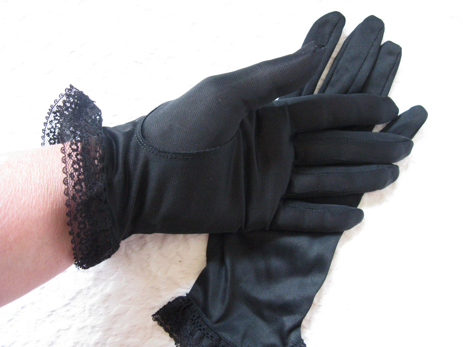 Vintage Gloves Black Sz 6.5 Nylon Retro Mid Century 40s 50s Tea Dance Wedding Downton Steampunk Retro  Cosplay Free Ship US  WhenRosesBloom