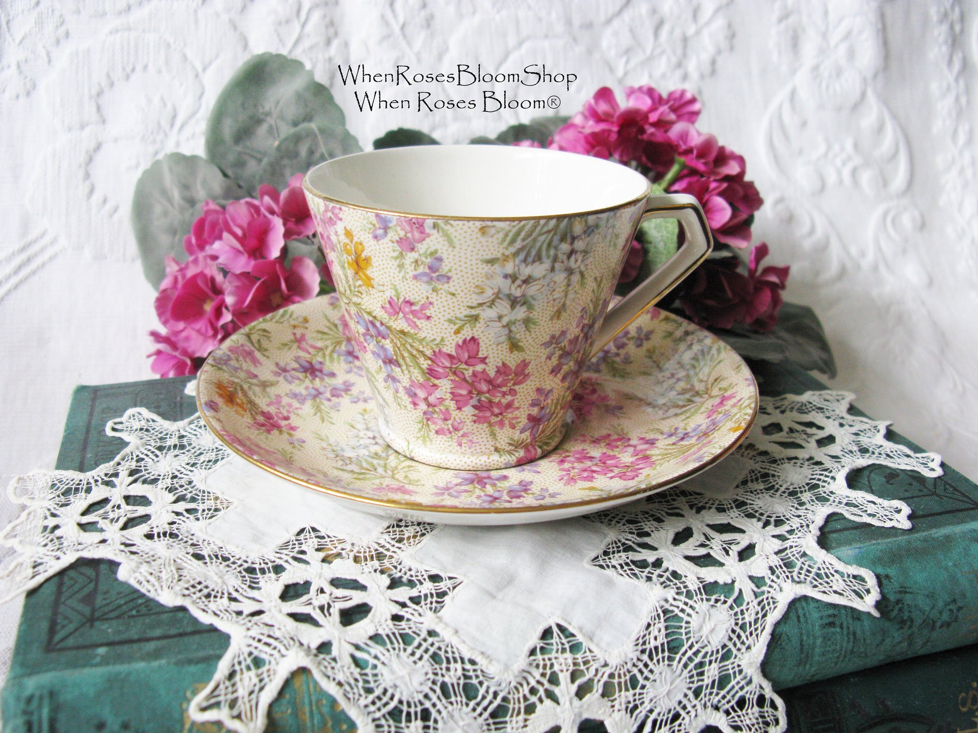 Vintage Tea Cup Chintz Pink Purple Heather Floral English Bone china Tea Cup  Downton Shabby Chic Mid Century Tea Party Gift  WhenRosesBloom