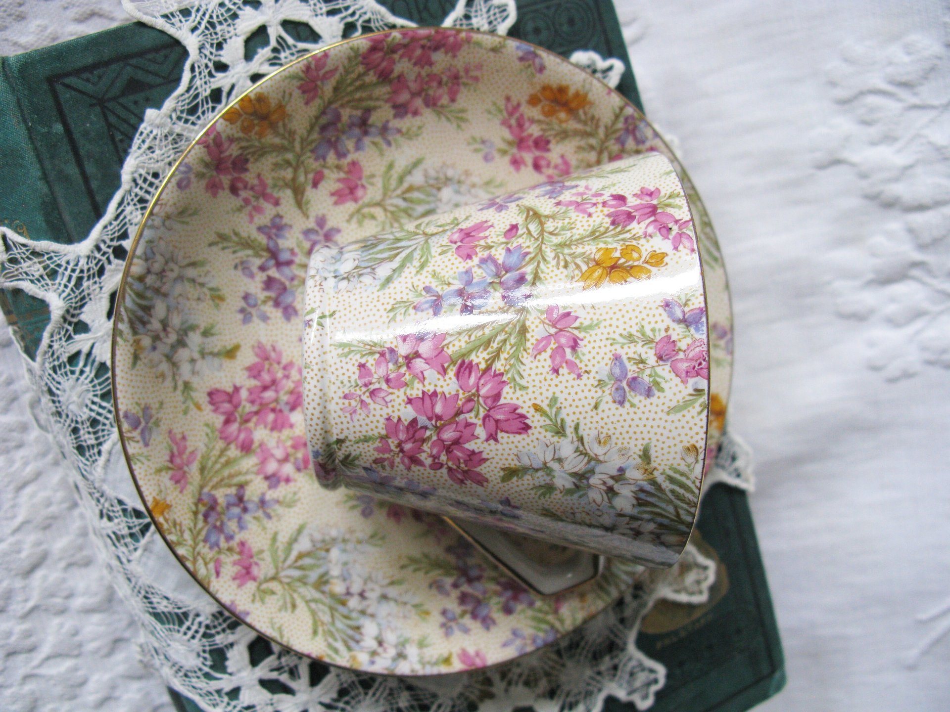 Vintage Tea Cup Chintz Pink Purple Heather Floral English Bone china Tea Cup  Downton Shabby Chic Mid Century Tea Party Gift  WhenRosesBloom