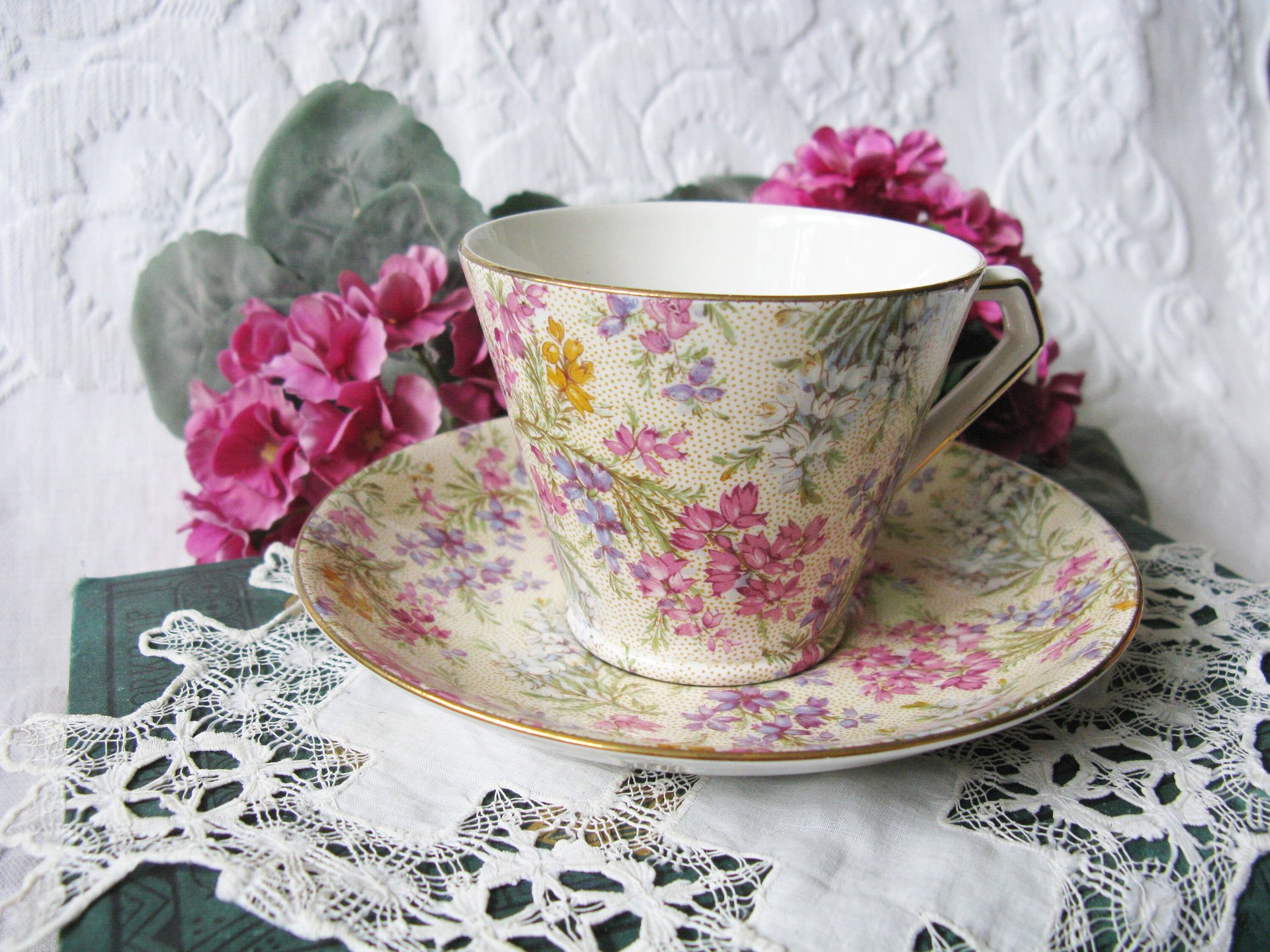 Vintage Tea Cup Chintz Pink Purple Heather Floral English Bone china Tea Cup  Downton Shabby Chic Mid Century Tea Party Gift  WhenRosesBloom