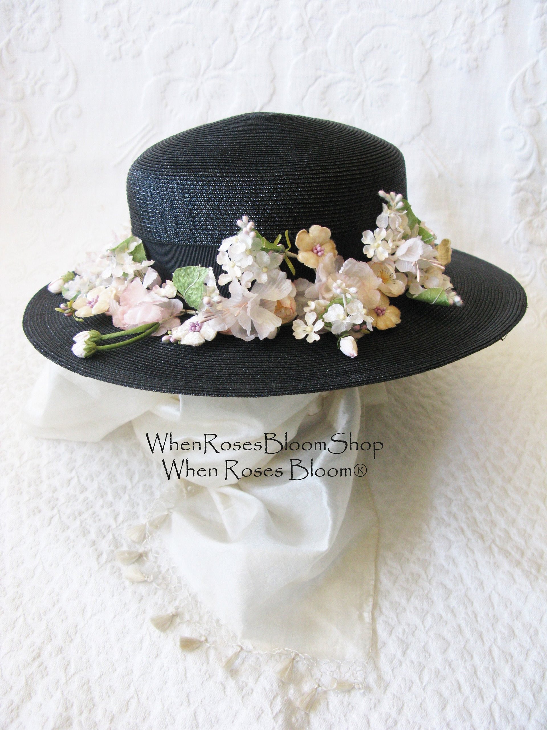 Vintage Black Straw Hat Classic  Flowers Garden Tea Party Hat Summer Straw Hat with Flowers Elegant Cosplay WhenRosesBloom