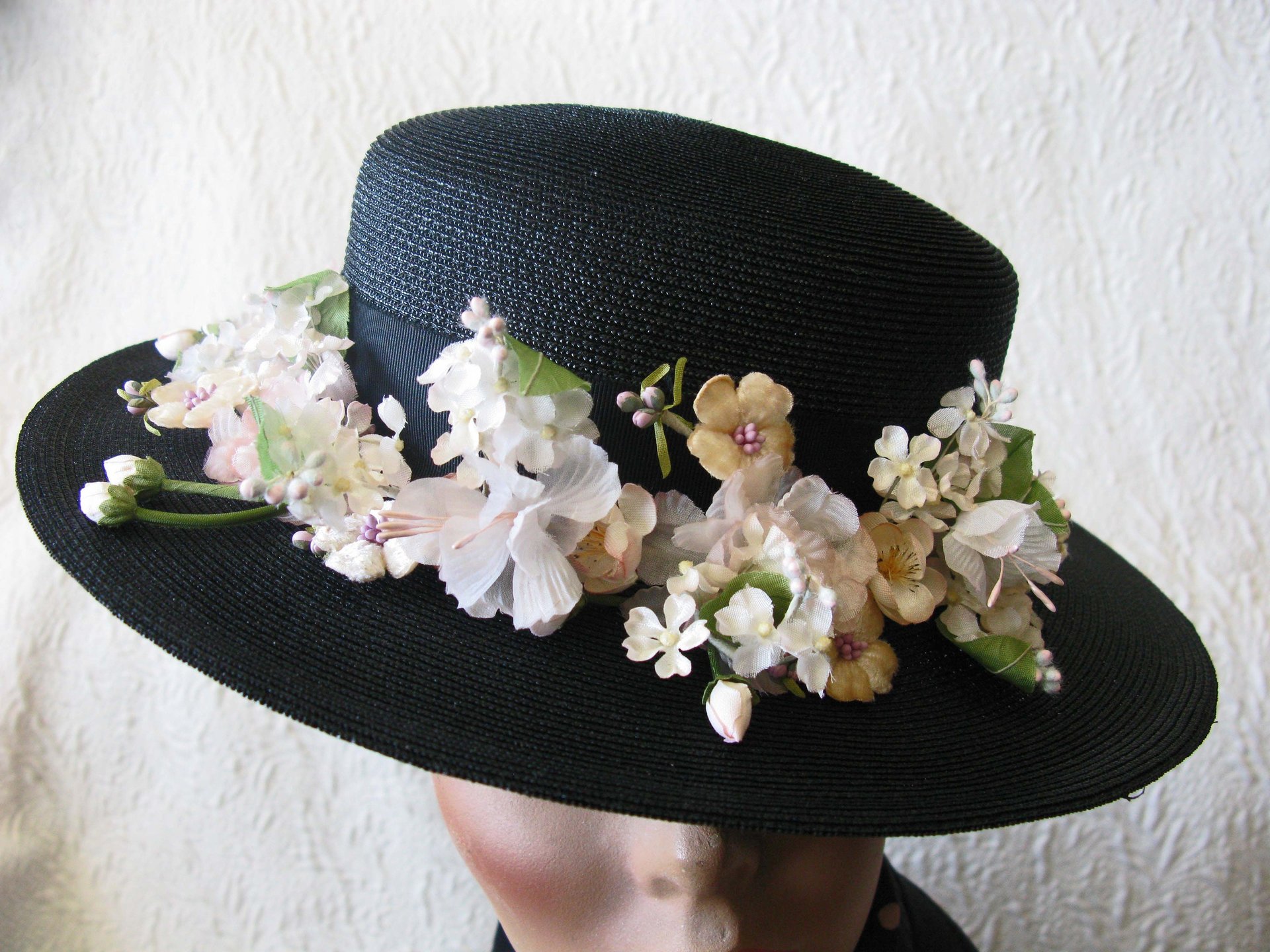 Vintage Black Straw Hat Classic  Flowers Garden Tea Party Hat Summer Straw Hat with Flowers Elegant Cosplay WhenRosesBloom