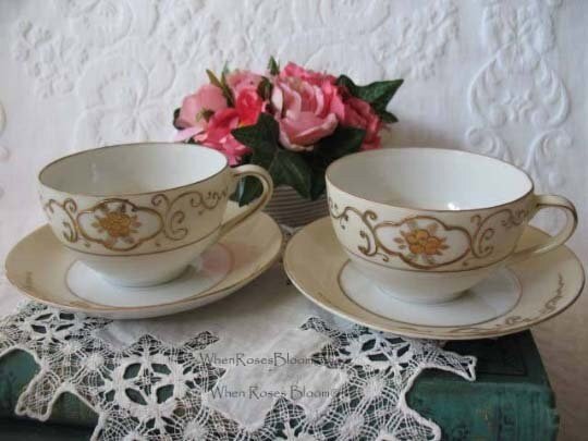 Tea Cup & Saucer Japan Gold Tea For Two Downton Tea Cottage Farmhouse Shabby Chic Mid Century Tea Style Gold Creme floral WhenRosesBloom