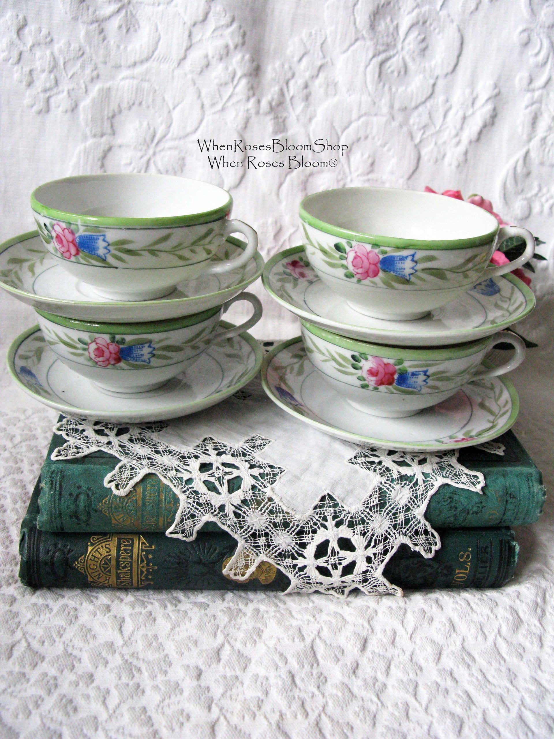 4 Tea Cups Pink Roses with Green leaves Set 4 Vintage Made in Japan Tea Time Gift Mid Century Farmhouse Cottage Shabby Chic WhenRosesBloom