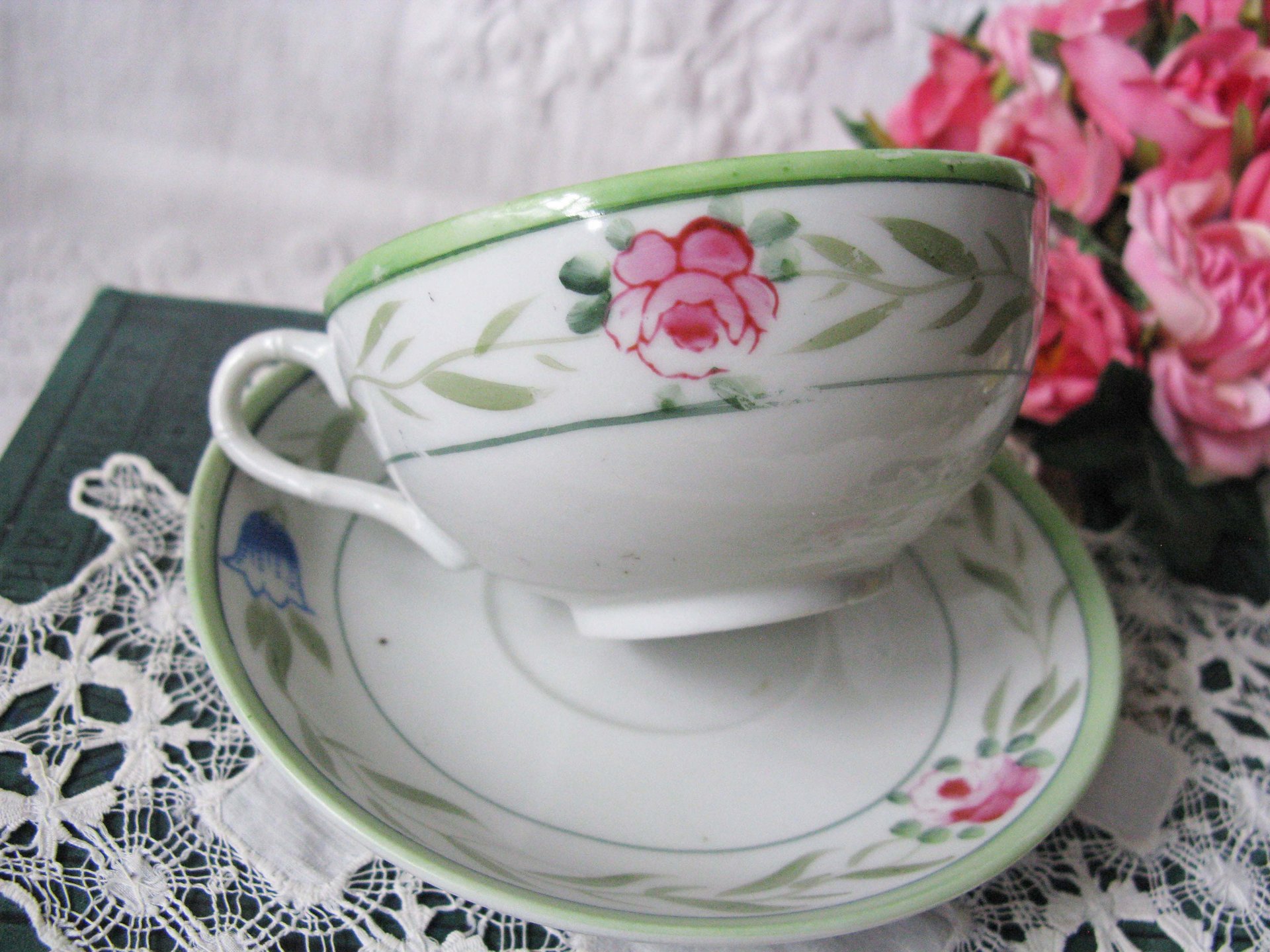 4 Tea Cups Pink Roses with Green leaves Set 4 Vintage Made in Japan Tea Time Gift Mid Century Farmhouse Cottage Shabby Chic WhenRosesBloom