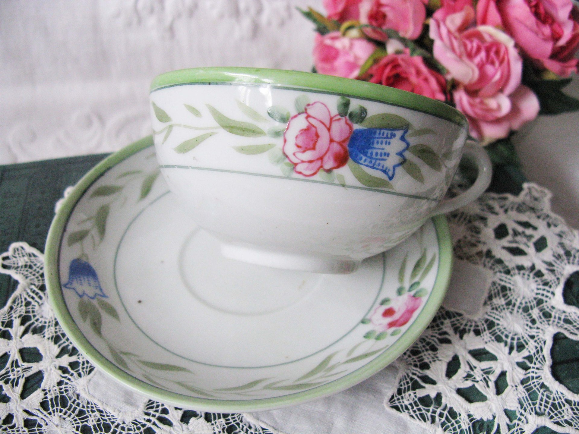 4 Tea Cups Pink Roses with Green leaves Set 4 Vintage Made in Japan Tea Time Gift Mid Century Farmhouse Cottage Shabby Chic WhenRosesBloom