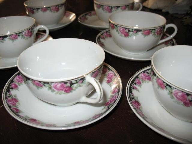 6 Tea Cups Pink Roses Black Chintz Look Set 6 Vintage Made in Japan Tea Time Gift Mid Century Farmhouse Cottage Shabby Chic WhenRosesBloom