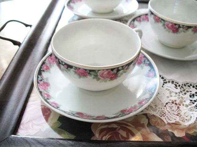 6 Tea Cups Pink Roses Black Chintz Look Set 6 Vintage Made in Japan Tea Time Gift Mid Century Farmhouse Cottage Shabby Chic WhenRosesBloom
