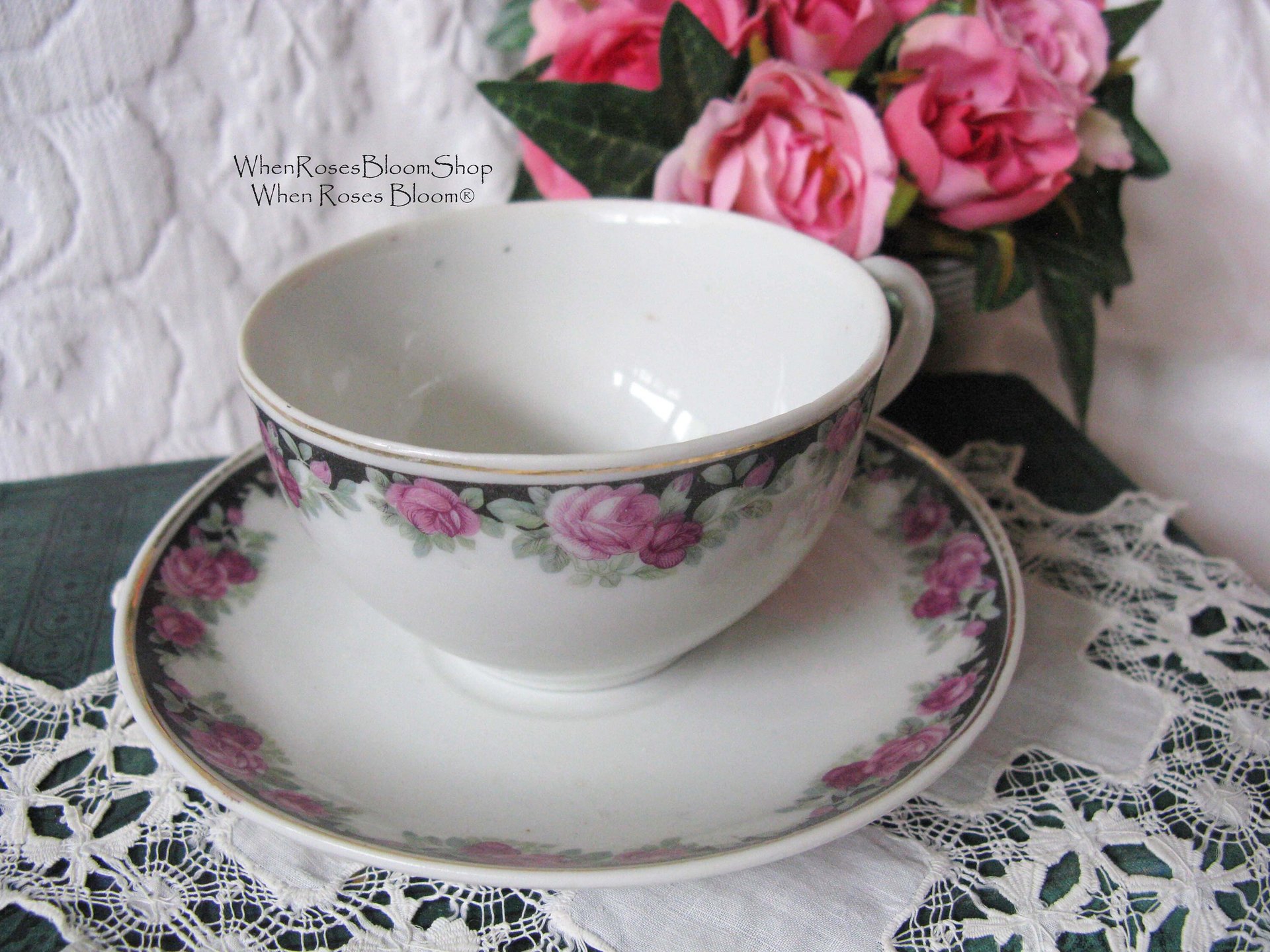 6 Tea Cups Pink Roses Black Chintz Look Set 6 Vintage Made in Japan Tea Time Gift Mid Century Farmhouse Cottage Shabby Chic WhenRosesBloom