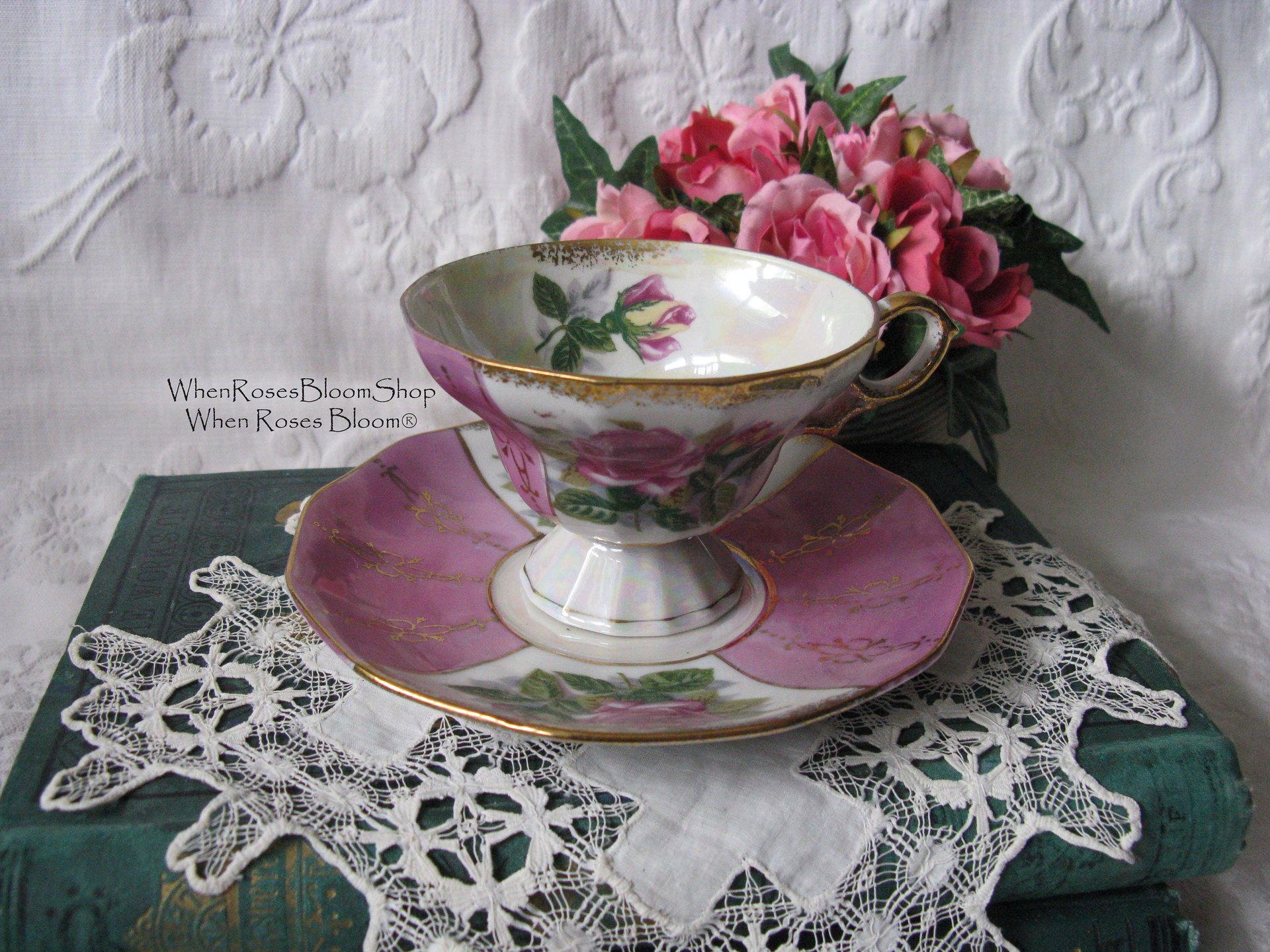 Tea Cup Pink Roses Footed Japan Vintage Downton Tea Time Gift Cottage Shabby Chic Mid Century Tea Style  WhenRosesBloom