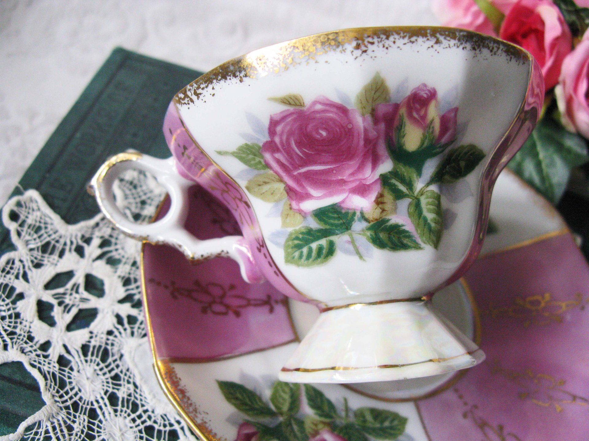 Tea Cup Pink Roses Footed Japan Vintage Downton Tea Time Gift Cottage Shabby Chic Mid Century Tea Style  WhenRosesBloom