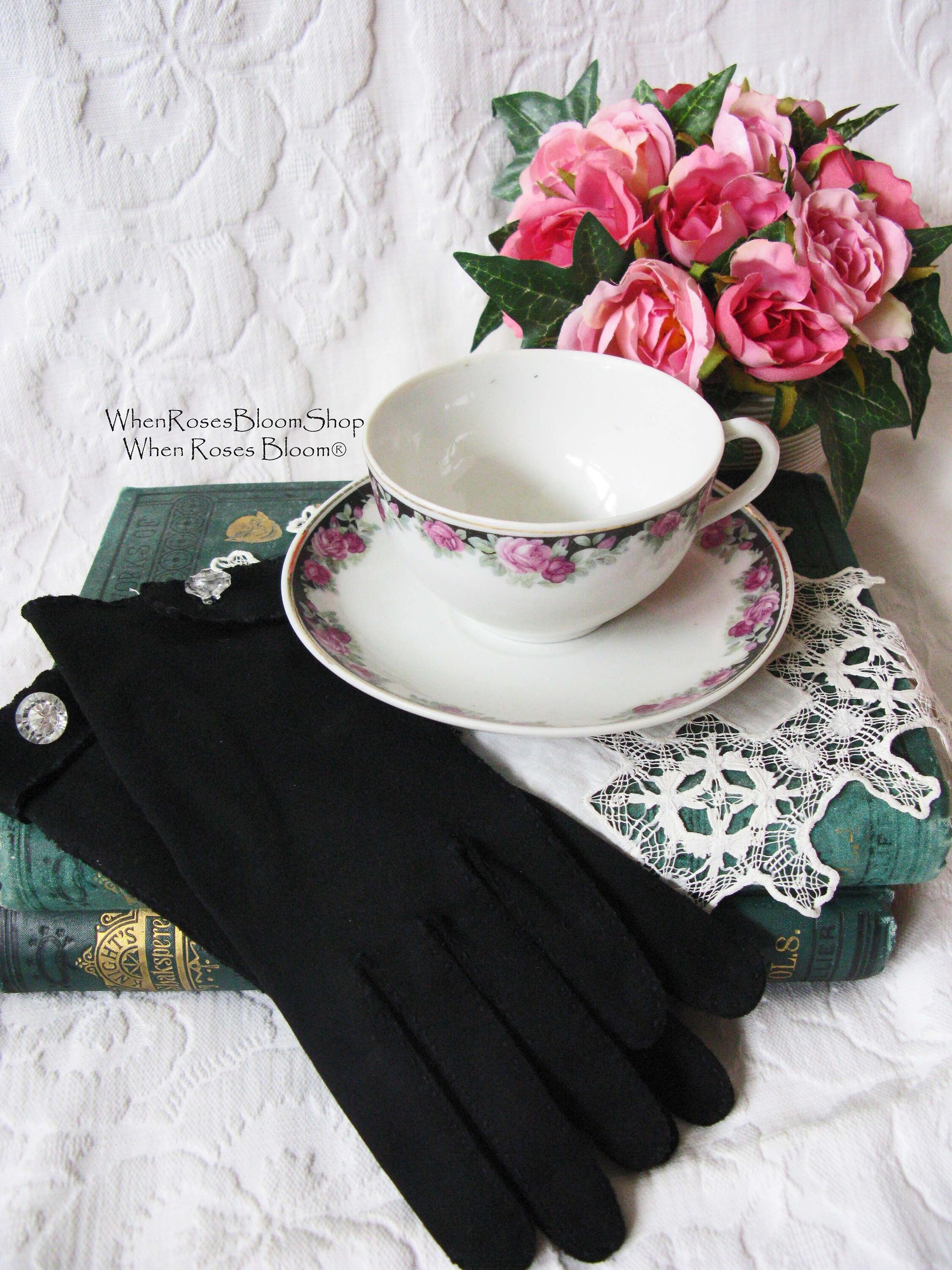 Black Gloves Vintage Size 6.5 Retro Mid Century Tea Dance Wedding Downton Miss Fisher Steampunk Cosplay Glove Free Ship  US When Roses Bloom