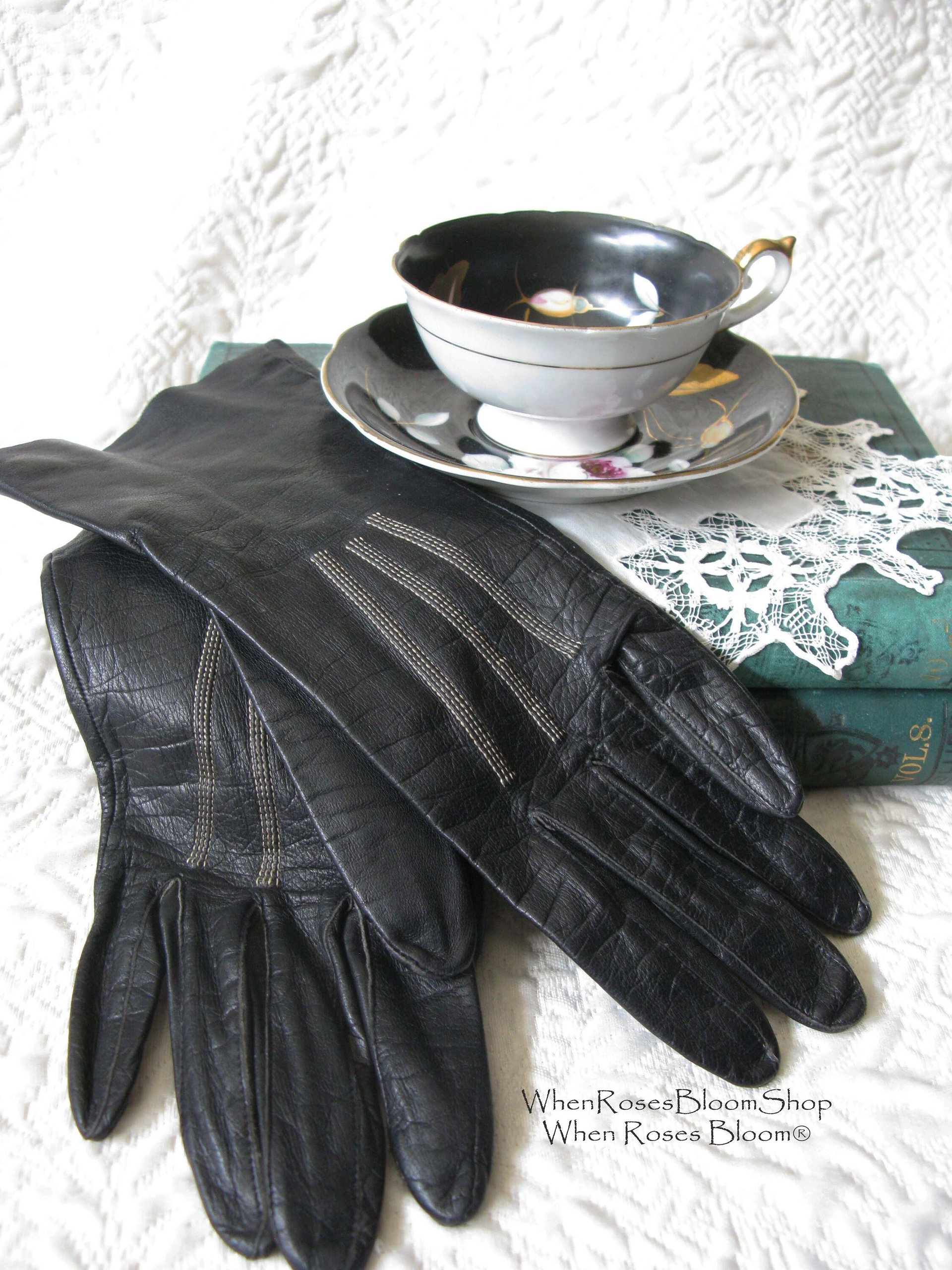 Black Gloves Sz 7 Italian Kid Leather Vintage Downton Miss Fisher Elegant Steampunk Cosplay Mid Century Classic FREE Ship US  WhenRosesBloom