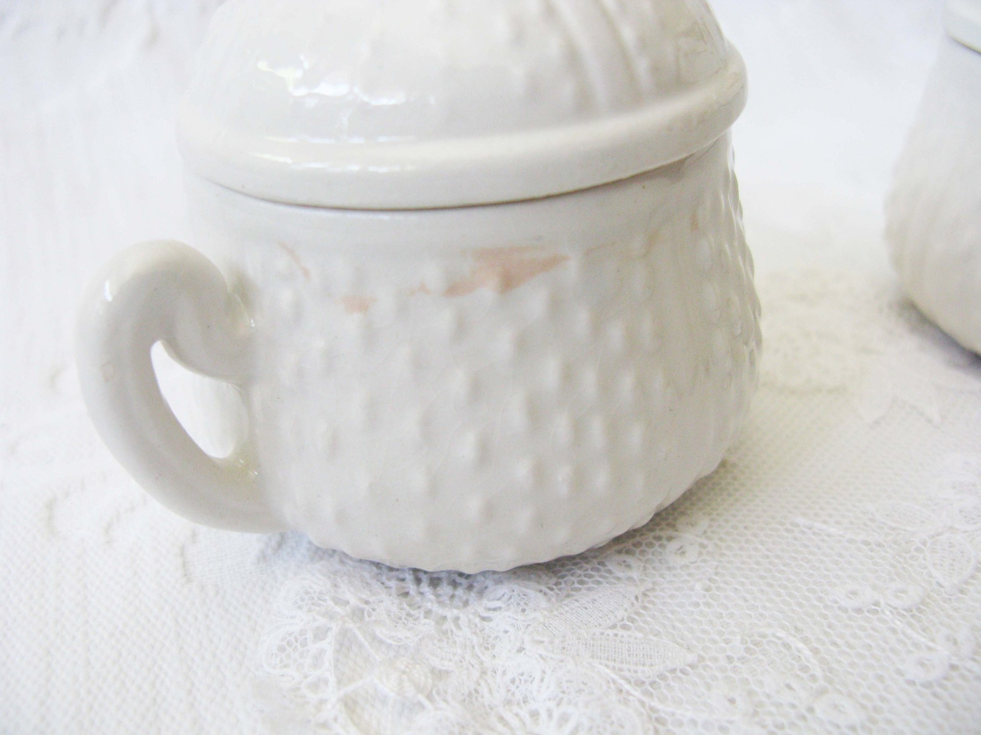 Vintage Pots de Creme  Set 4 White Creamware covered cup Shabby Chic Cottage Farmhouse Romantic Retro Mid Century Urban Style WhenRosesBloom