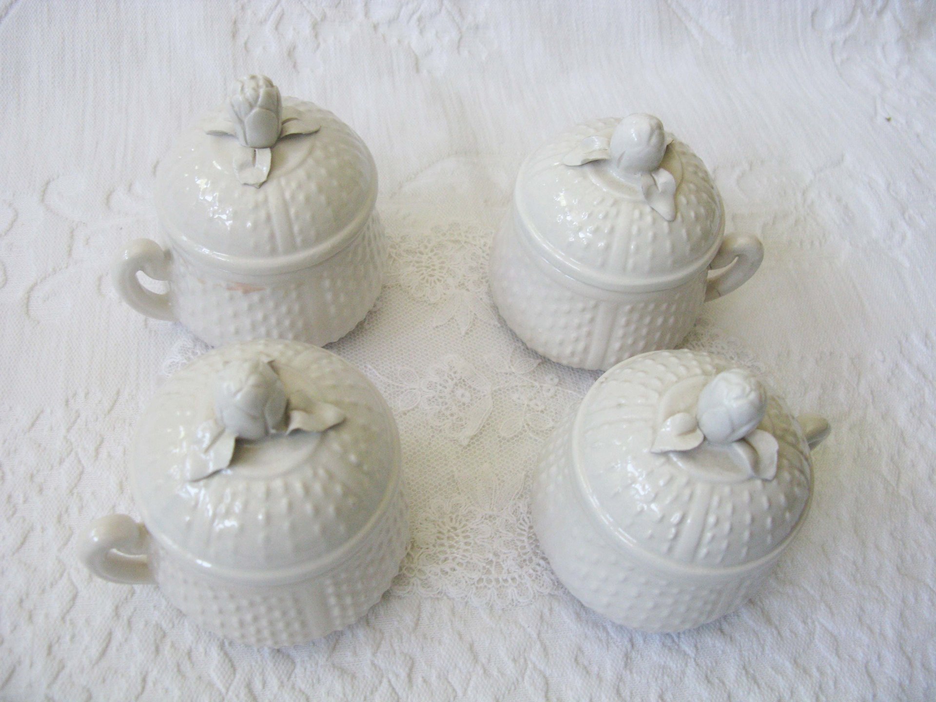 Vintage Pots de Creme  Set 4 White Creamware covered cup Shabby Chic Cottage Farmhouse Romantic Retro Mid Century Urban Style WhenRosesBloom