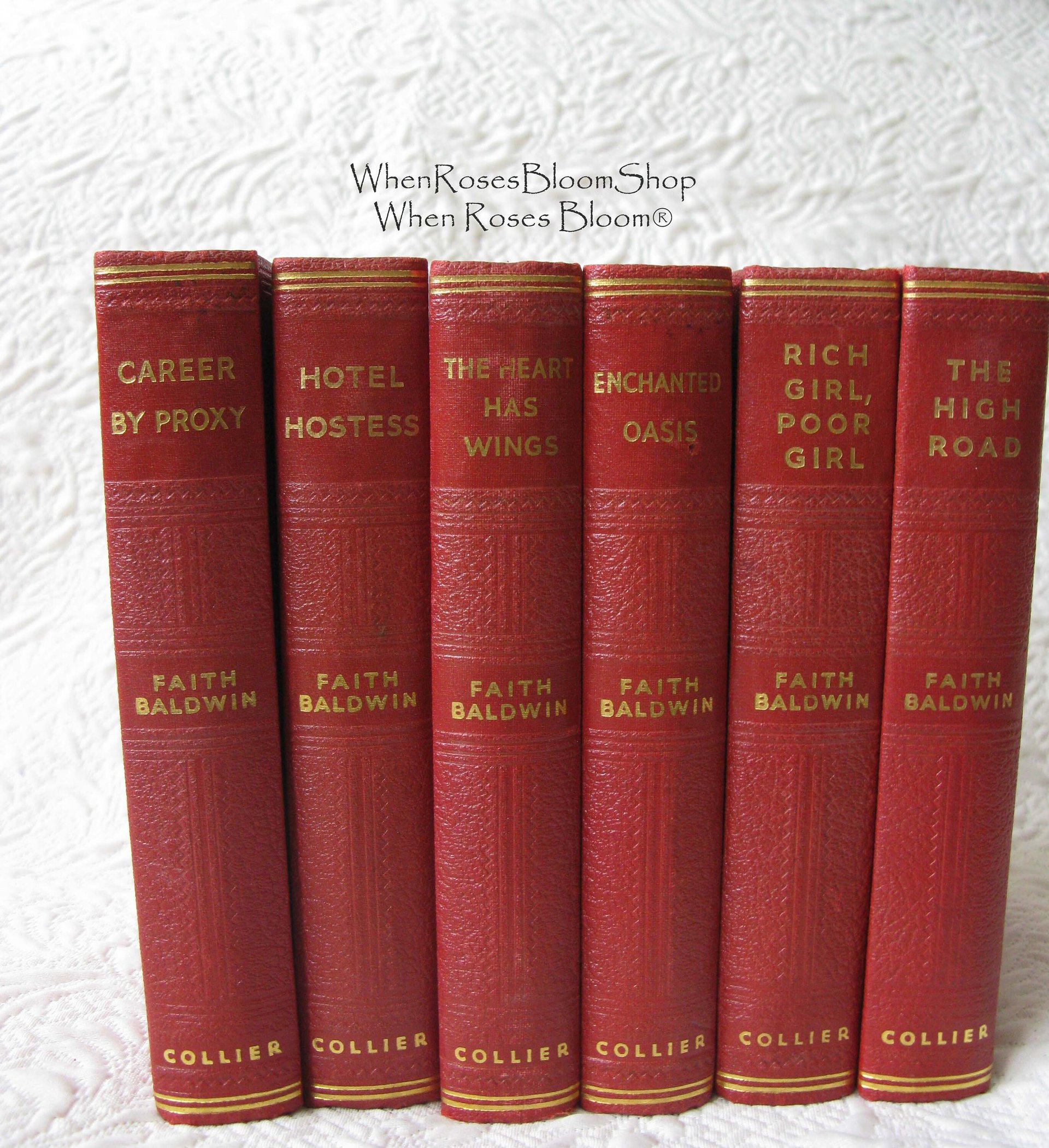 Vintage Red Books Faith Baldwin Romance  circa 1930s-1940s  Set of 6 Classic  Red Gold Decorative Library Gift WhenRosesBloom