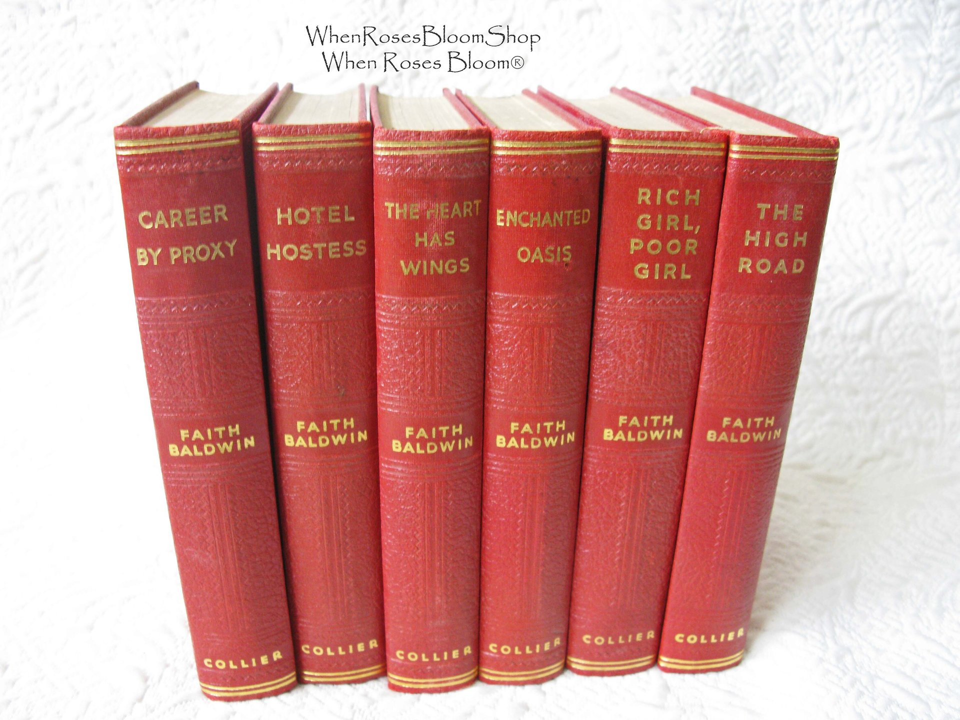 Vintage Red Books Faith Baldwin Romance  circa 1930s-1940s  Set of 6 Classic  Red Gold Decorative Library Gift WhenRosesBloom