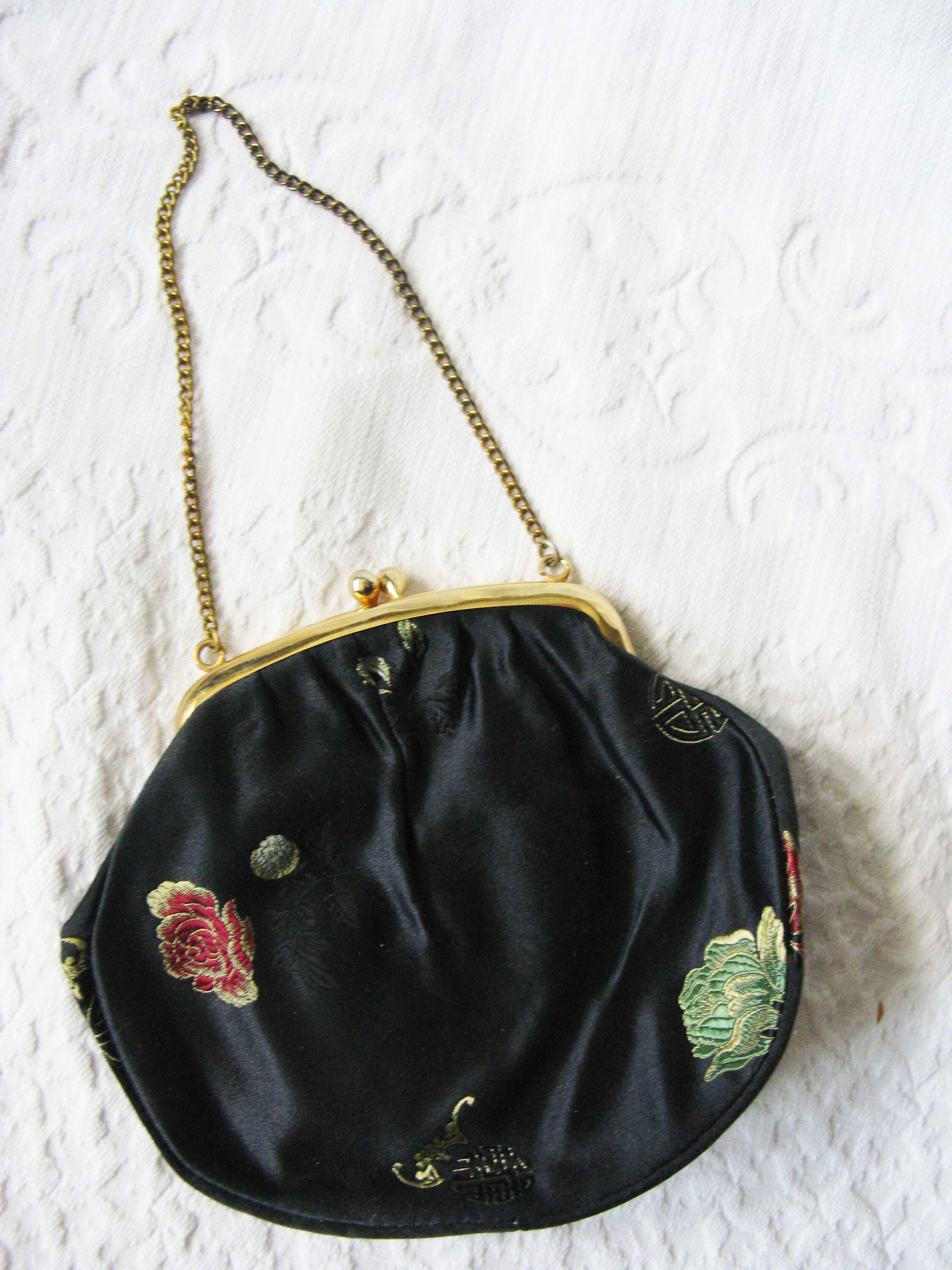 Vintage Black Purse Silk Brocade Mid Century Evening Retro Dance Cocktail Party  Chinese Japanese Oriental WhenRosesBloom