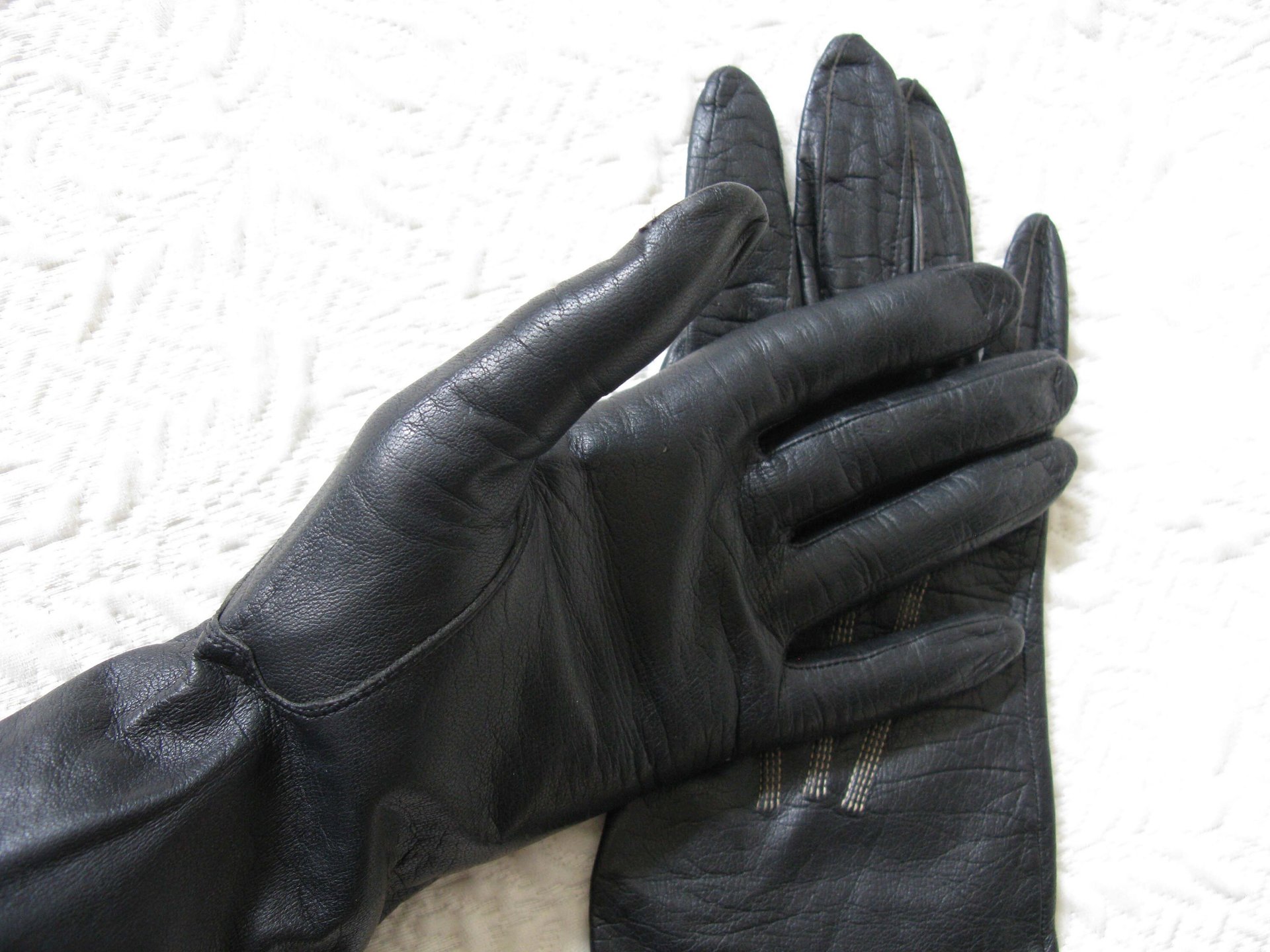 Black Gloves Sz 7 Italian Kid Leather Vintage Downton Miss Fisher Elegant Steampunk Cosplay Mid Century Classic FREE Ship US  WhenRosesBloom