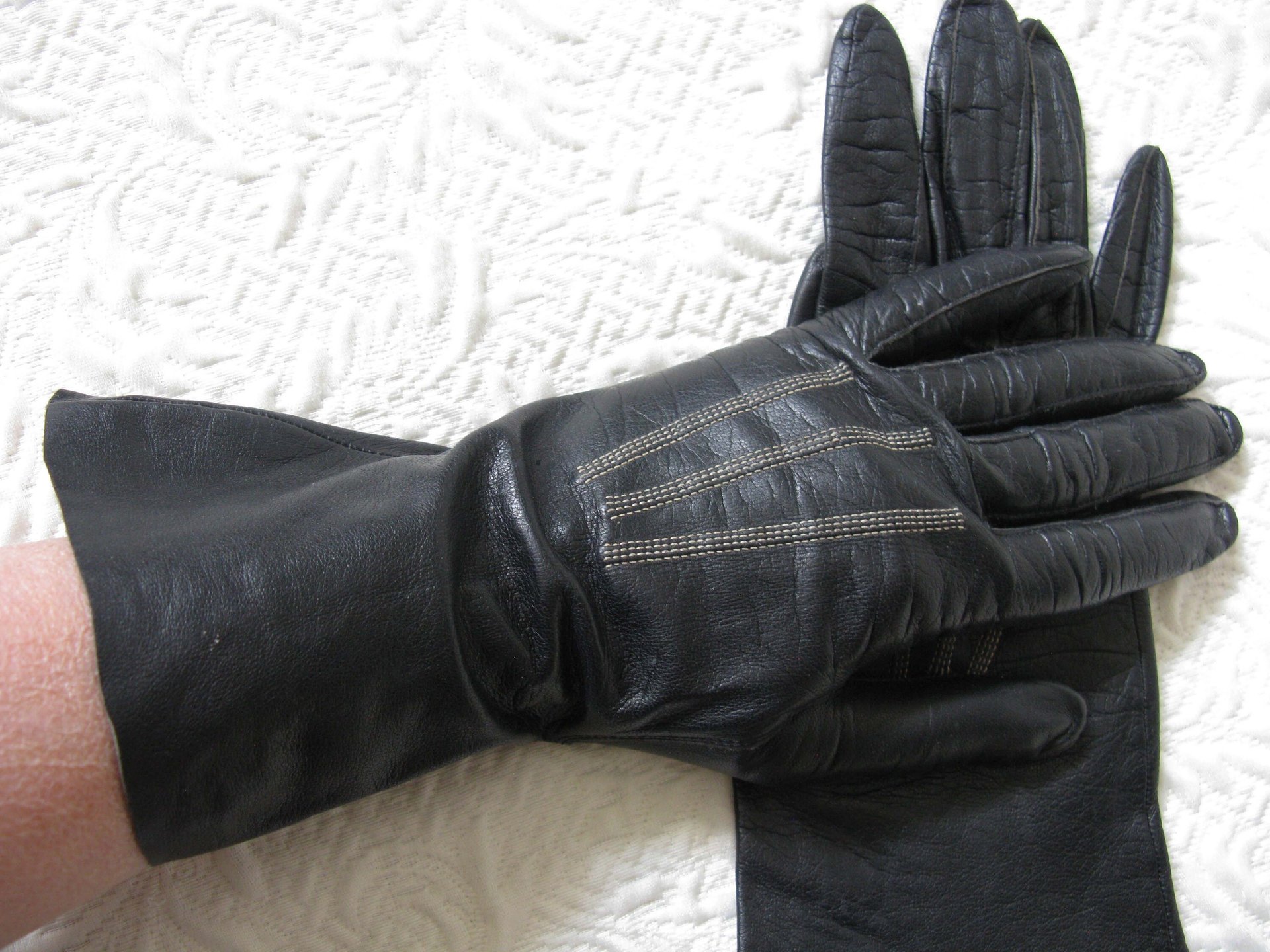 Black Gloves Sz 7 Italian Kid Leather Vintage Downton Miss Fisher Elegant Steampunk Cosplay Mid Century Classic FREE Ship US  WhenRosesBloom