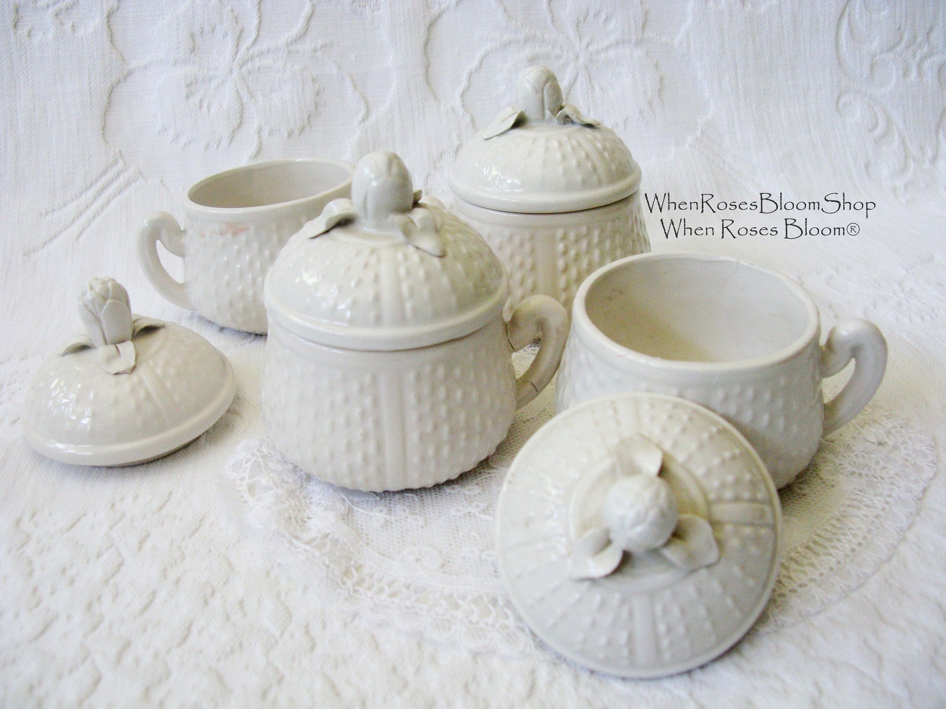 Vintage Pots de Creme  Set 4 White Creamware covered cup Shabby Chic Cottage Farmhouse Romantic Retro Mid Century Urban Style WhenRosesBloom