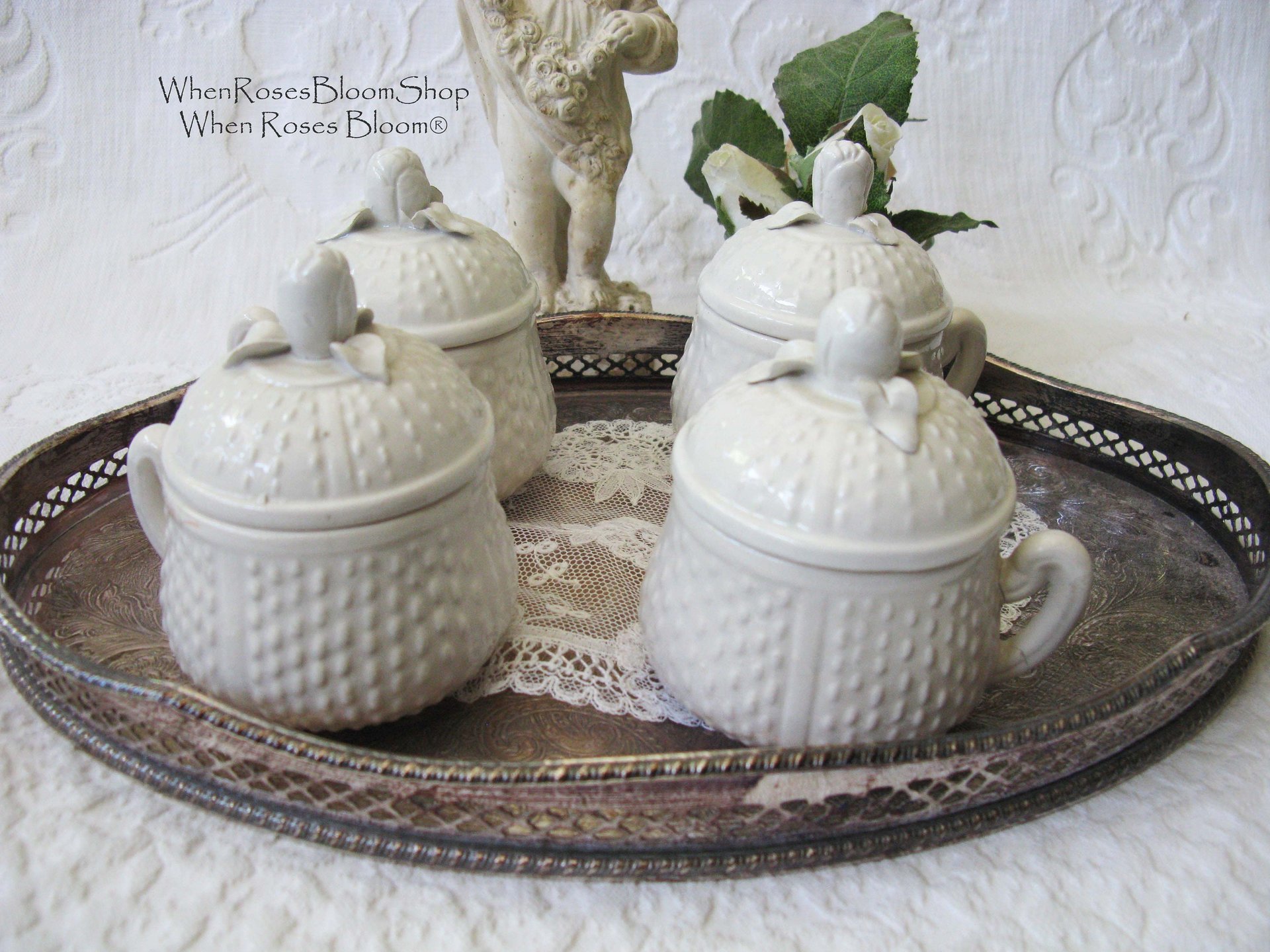 Vintage Pots de Creme  Set 4 White Creamware covered cup Shabby Chic Cottage Farmhouse Romantic Retro Mid Century Urban Style WhenRosesBloom