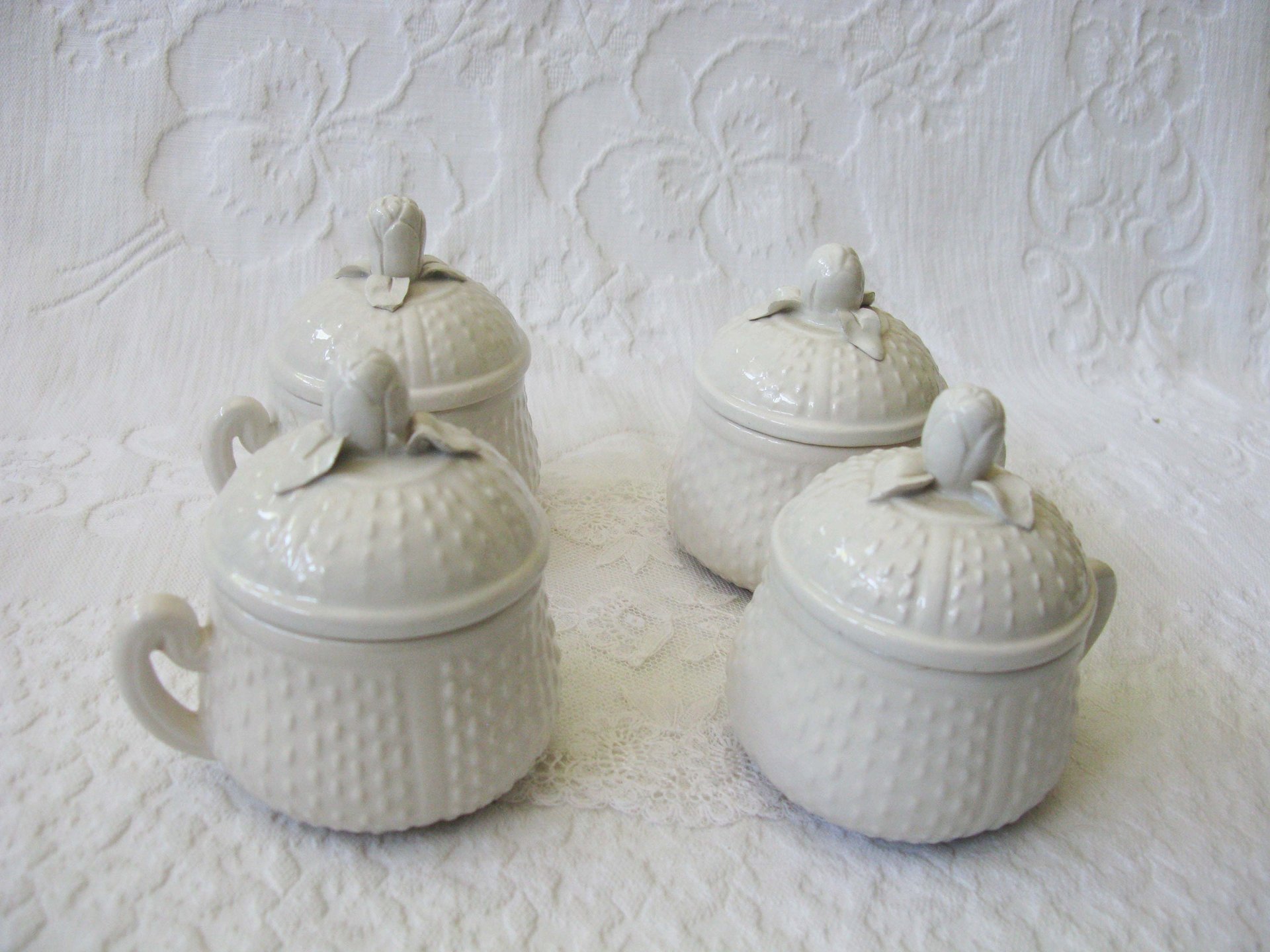 Vintage Pots de Creme  Set 4 White Creamware covered cup Shabby Chic Cottage Farmhouse Romantic Retro Mid Century Urban Style WhenRosesBloom