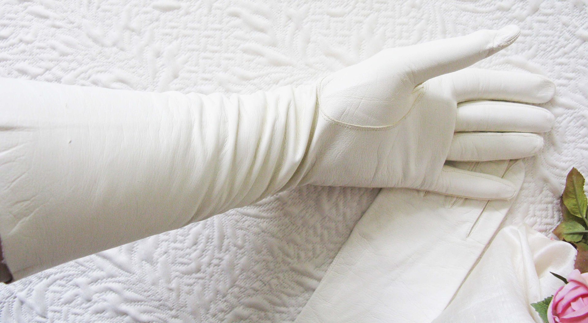 Vintage White Leather Matinee Gloves Retro Wedding Bride Tea NOS Downton Titanic Jane Austen Cosplay Free Ship  US When Roses Bloom