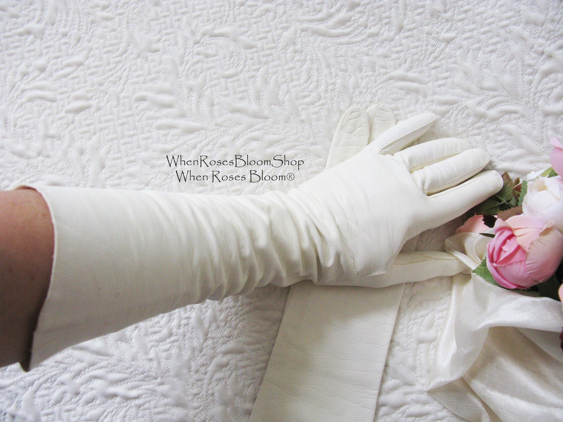 Vintage White Leather Matinee Gloves Retro Wedding Bride Tea NOS Downton Titanic Jane Austen Cosplay Free Ship  US When Roses Bloom
