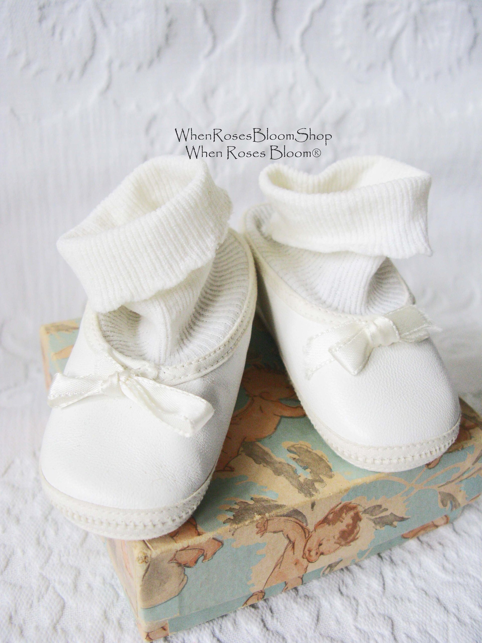 Vintage Baby Crib Shoes Size 1 White Leather Ballet Slippers Baby Keepsake Heirloom Gift doll shoes WhenRosesBloom