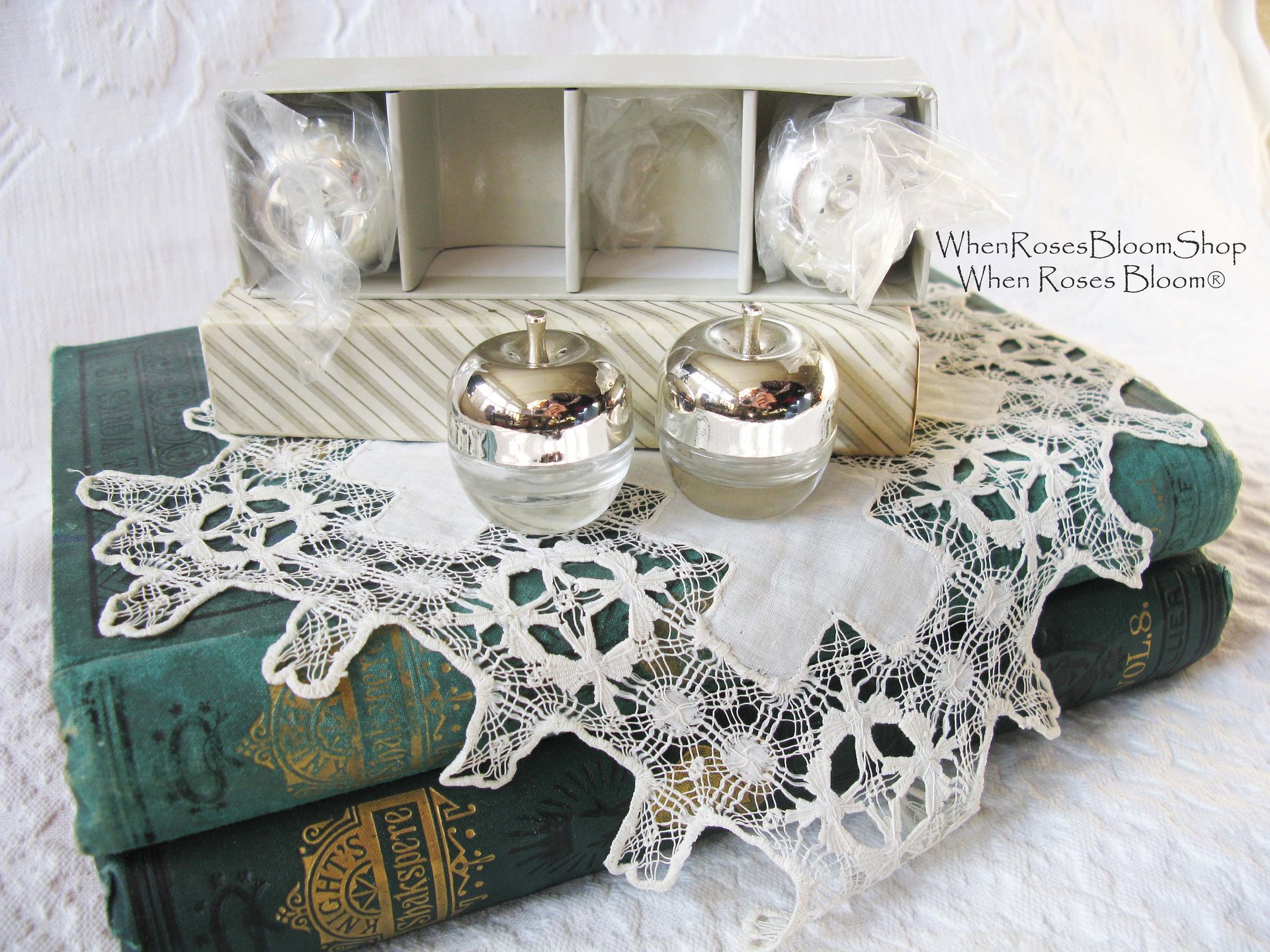 Vintage Silver Salt Pepper Shaker Apples Set/8 NOS Tea Brunch Downton Abbey Classic Tea Cottage Shabby Chic Decorative Gift WhenRosesBloom