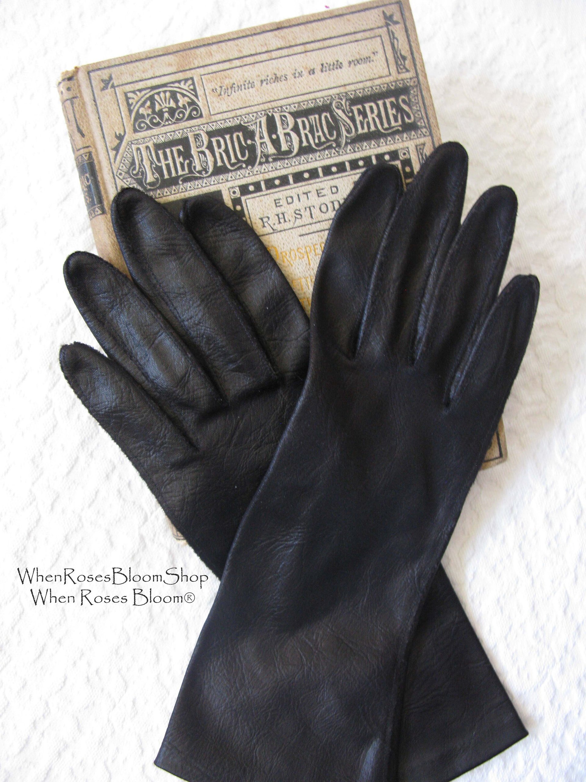 Vintage Gloves Black Sz 6 1/2 Faux Leather Vegan Fabric Elegant Classic Mid Century Mod  Cocktail Party Style  Free Ship US WhenRosesBloom