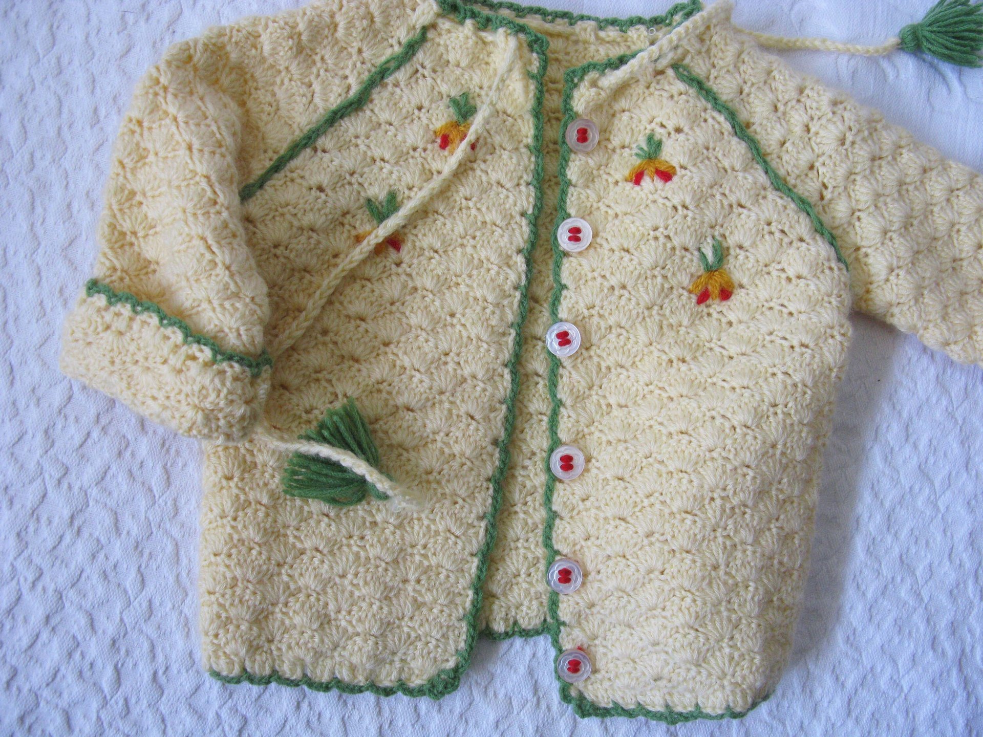 Vintage Baby Jacket Cardigan Matinee Jacket  Hand Crochet Teddy Bear Dolly Sweater Boho Style Baby Keepsake Heirloom Gift WhenRosesBloom