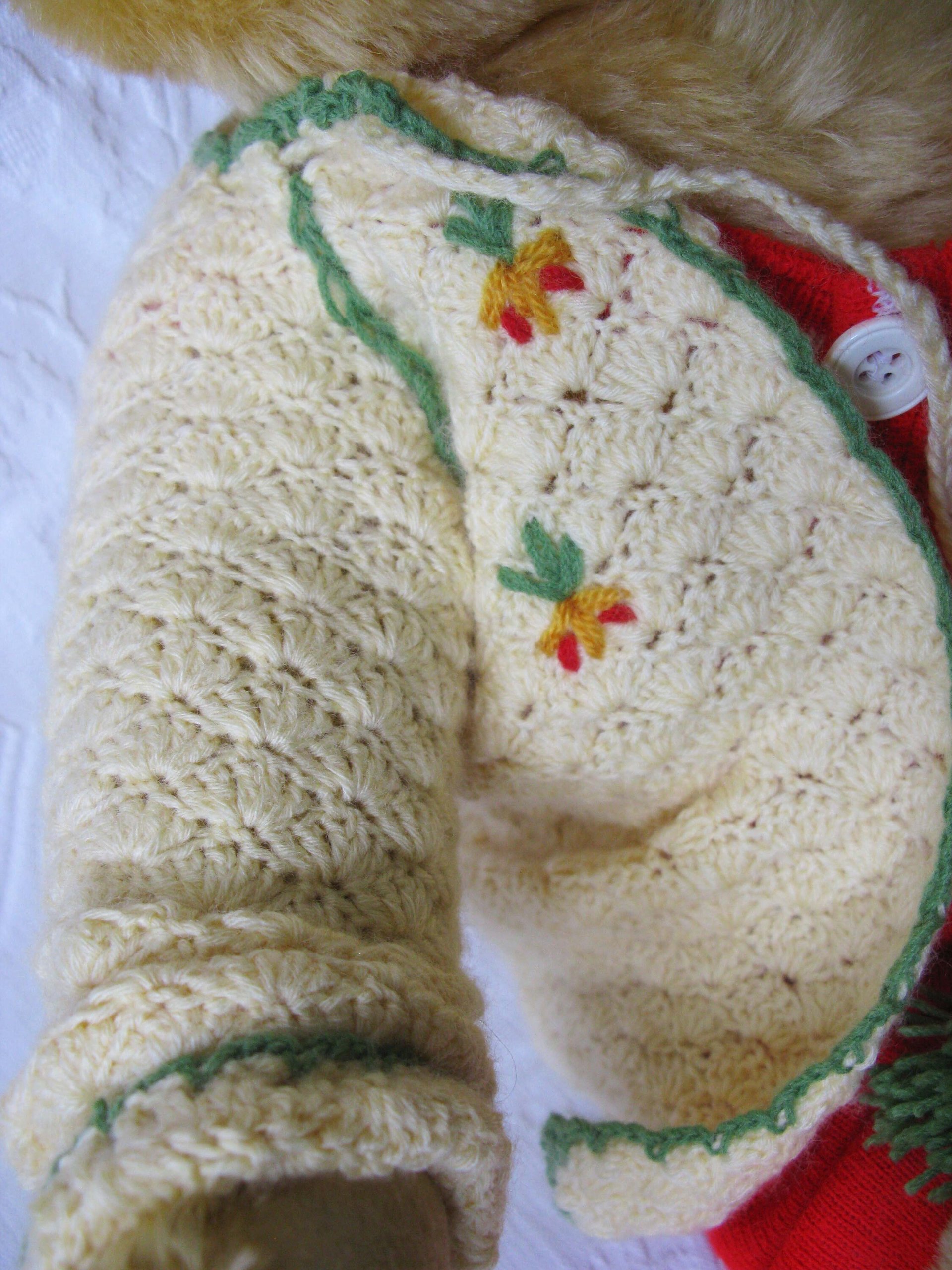 Vintage Baby Jacket Cardigan Matinee Jacket  Hand Crochet Teddy Bear Dolly Sweater Boho Style Baby Keepsake Heirloom Gift WhenRosesBloom