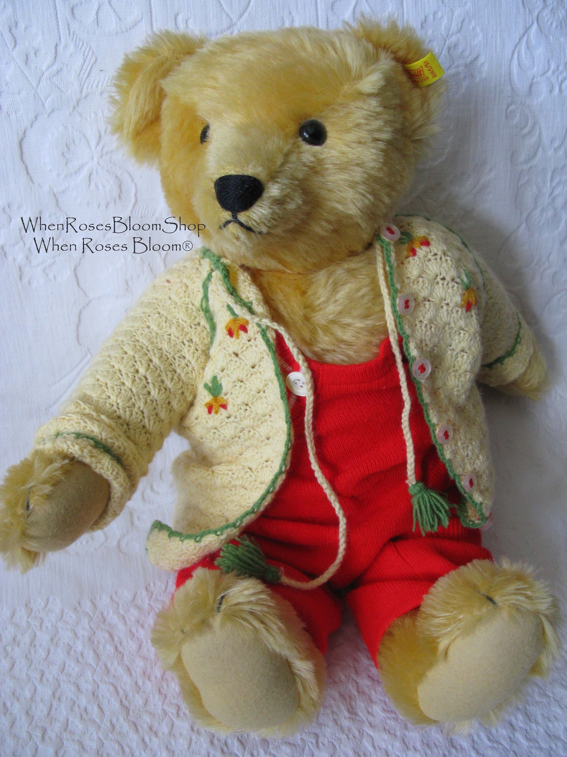 Vintage Baby Jacket Cardigan Matinee Jacket  Hand Crochet Teddy Bear Dolly Sweater Boho Style Baby Keepsake Heirloom Gift WhenRosesBloom