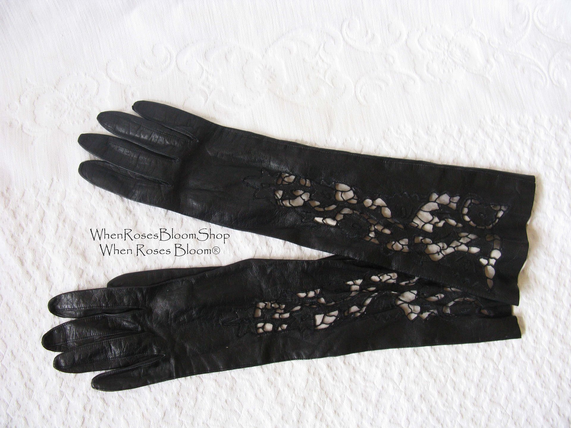 Vintage Gloves Black Sz 6 1/2 Kid Leather Downton Miss Fisher Audrey Hepburn Steampunk Cosplay NOS new old FREE Ship US  WhenRosesBloom