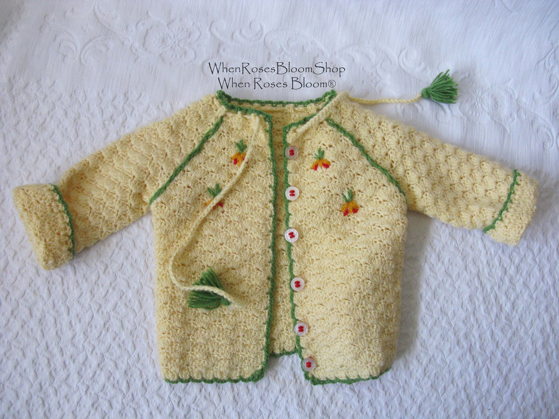 Vintage Baby Jacket Cardigan Matinee Jacket  Hand Crochet Teddy Bear Dolly Sweater Boho Style Baby Keepsake Heirloom Gift WhenRosesBloom