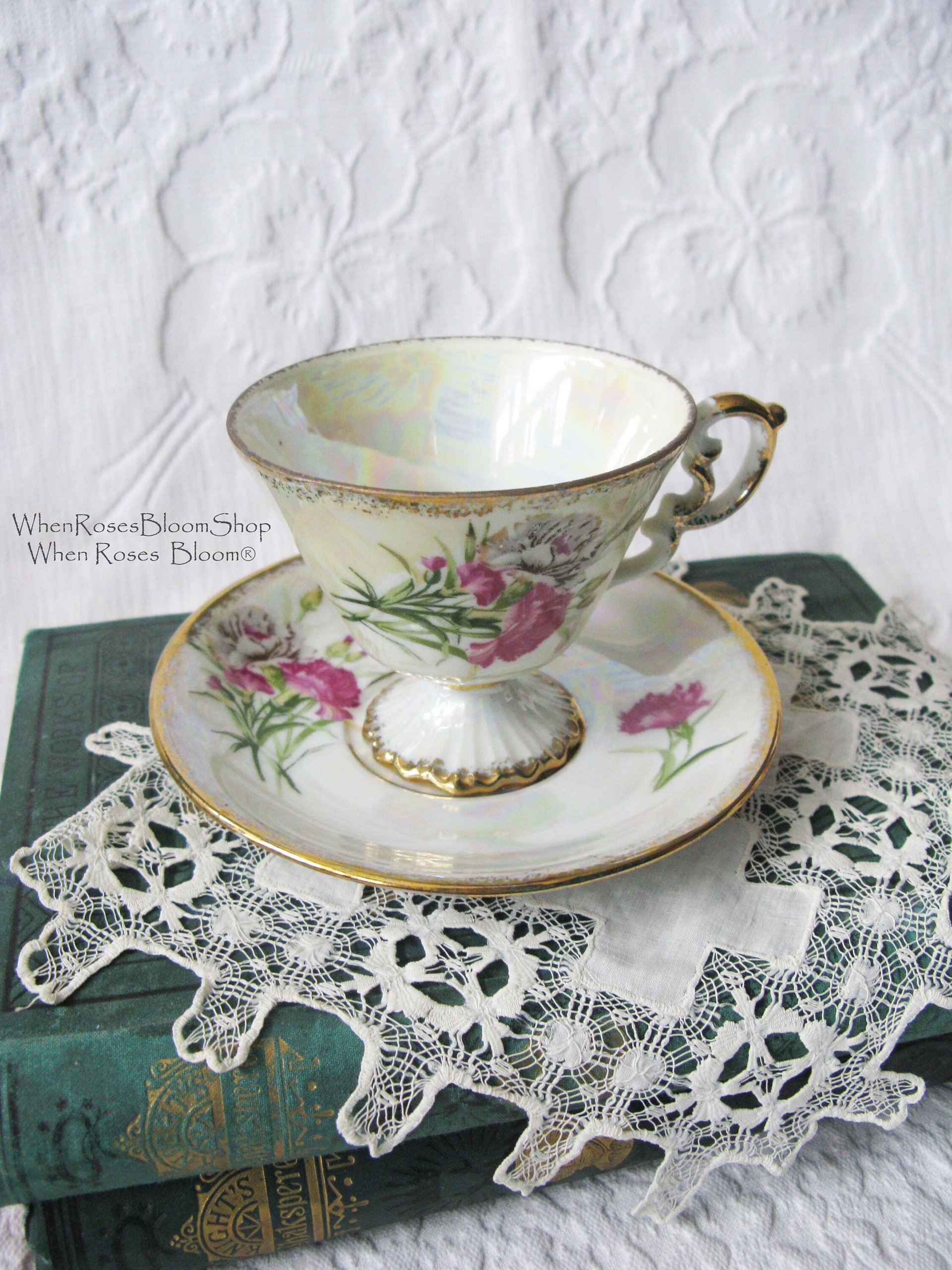 Vintage Footed Tea Cup Pink Carnation Floral Japan Mid Century TeaTime January Birthday Gift Victoria Downton Abbey Tea Cottage Shabby Chic