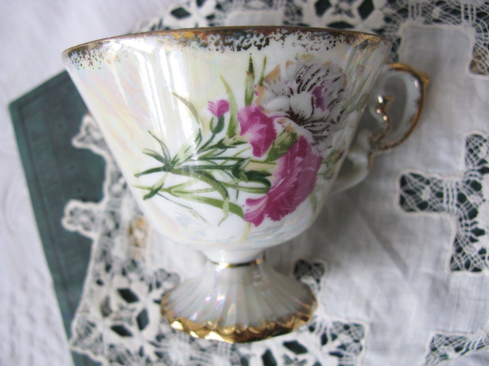 Vintage Footed Tea Cup Pink Carnation Floral Japan Mid Century TeaTime January Birthday Gift Victoria Downton Abbey Tea Cottage Shabby Chic
