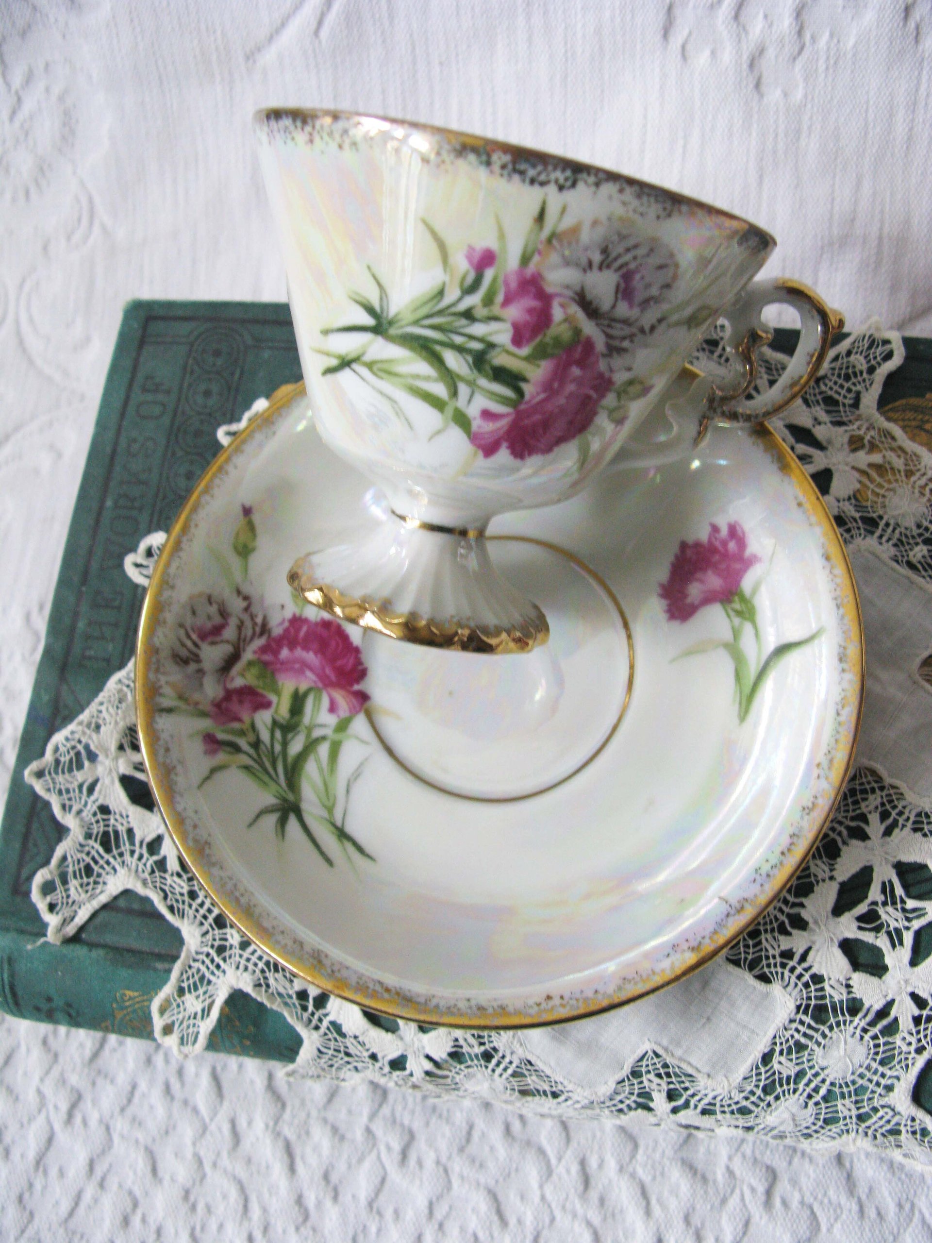 Vintage Footed Tea Cup Pink Carnation Floral Japan Mid Century TeaTime January Birthday Gift Victoria Downton Abbey Tea Cottage Shabby Chic