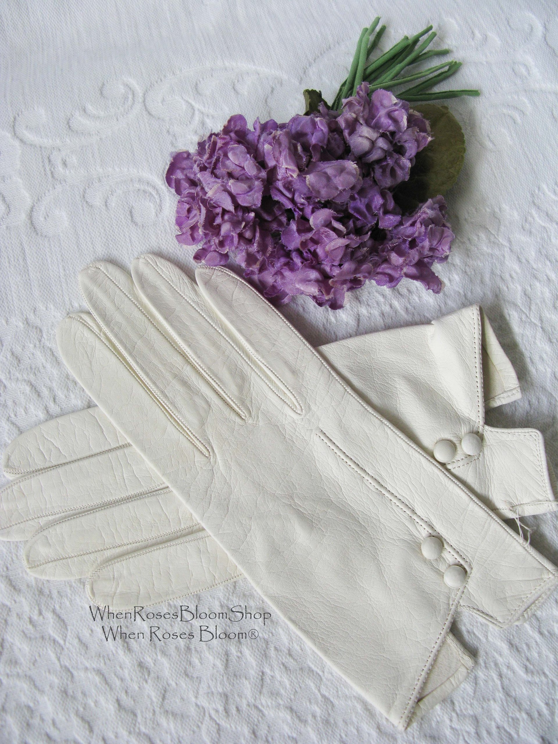White Gloves French Leather Sz 6 1/2 Vintage Retro Wedding Bride Tea NOS Downton Gatsby Miss Fisher Cosplay Free Ship  US When Roses Bloom