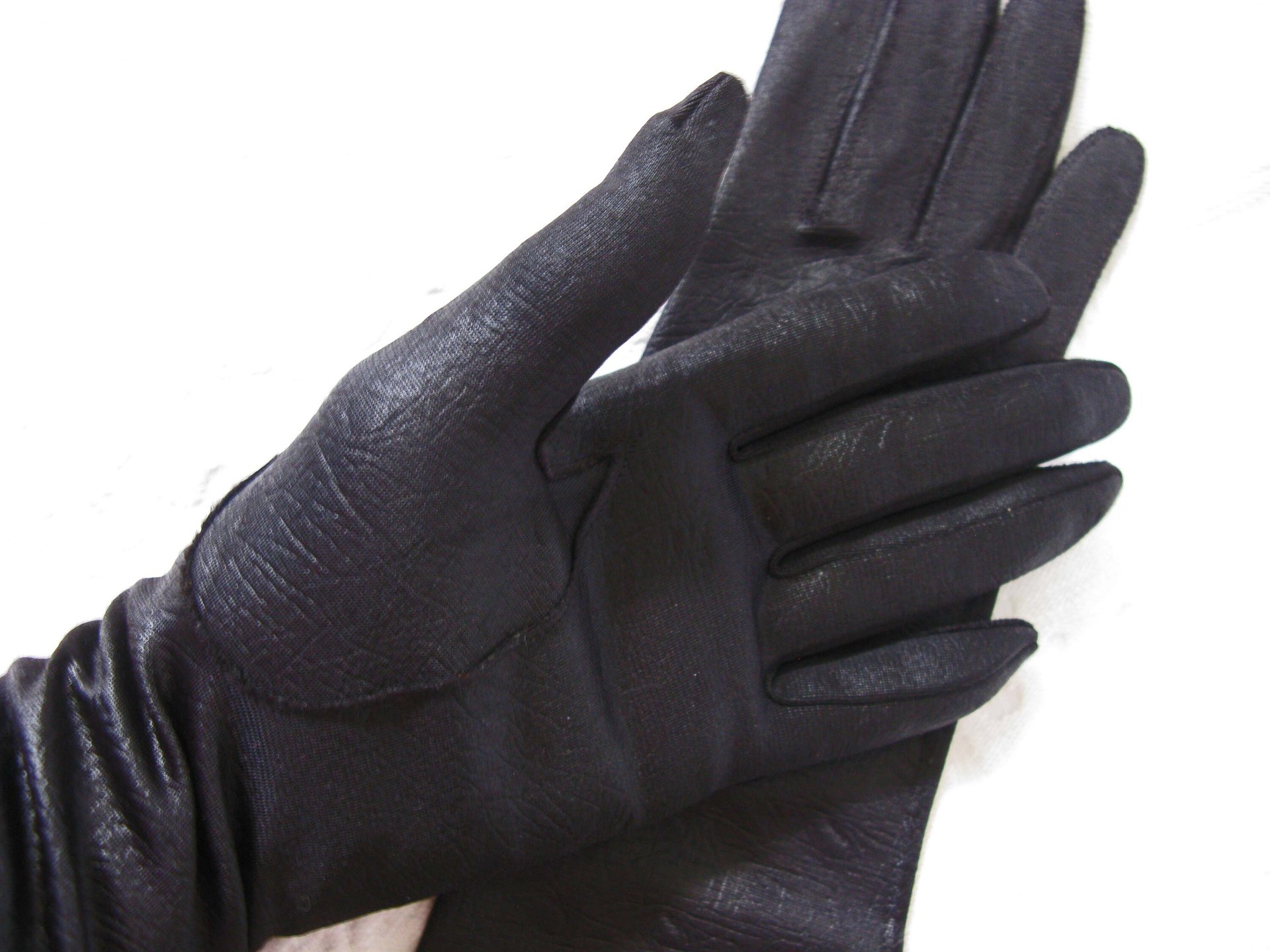 Vintage Gloves Black Sz 6 1/2 Faux Leather Vegan Fabric Matinee Classic Mid Century Mod Cocktail Party Style Free Ship US WhenRosesBloom
